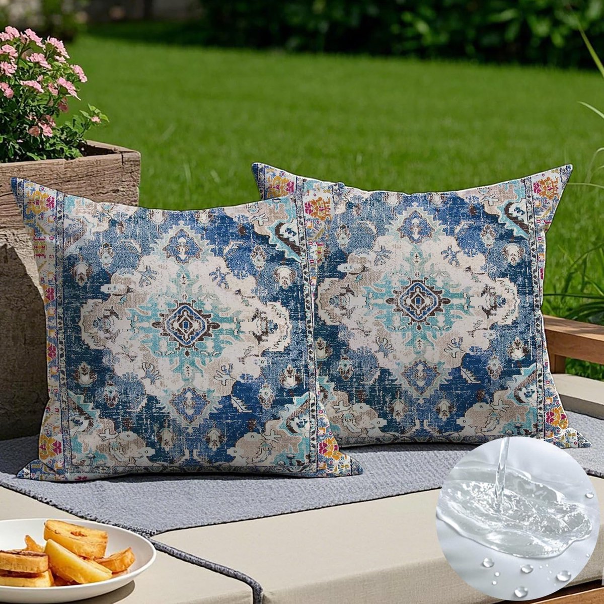 SnelShoppen - Outdoor Kussens 45x45 cm - Bohemian Decoratieve Kussenhoezen - Weerbestendige Kussenhoezen - Vintage Kussens - Blauwe Kussens voor Tuin,