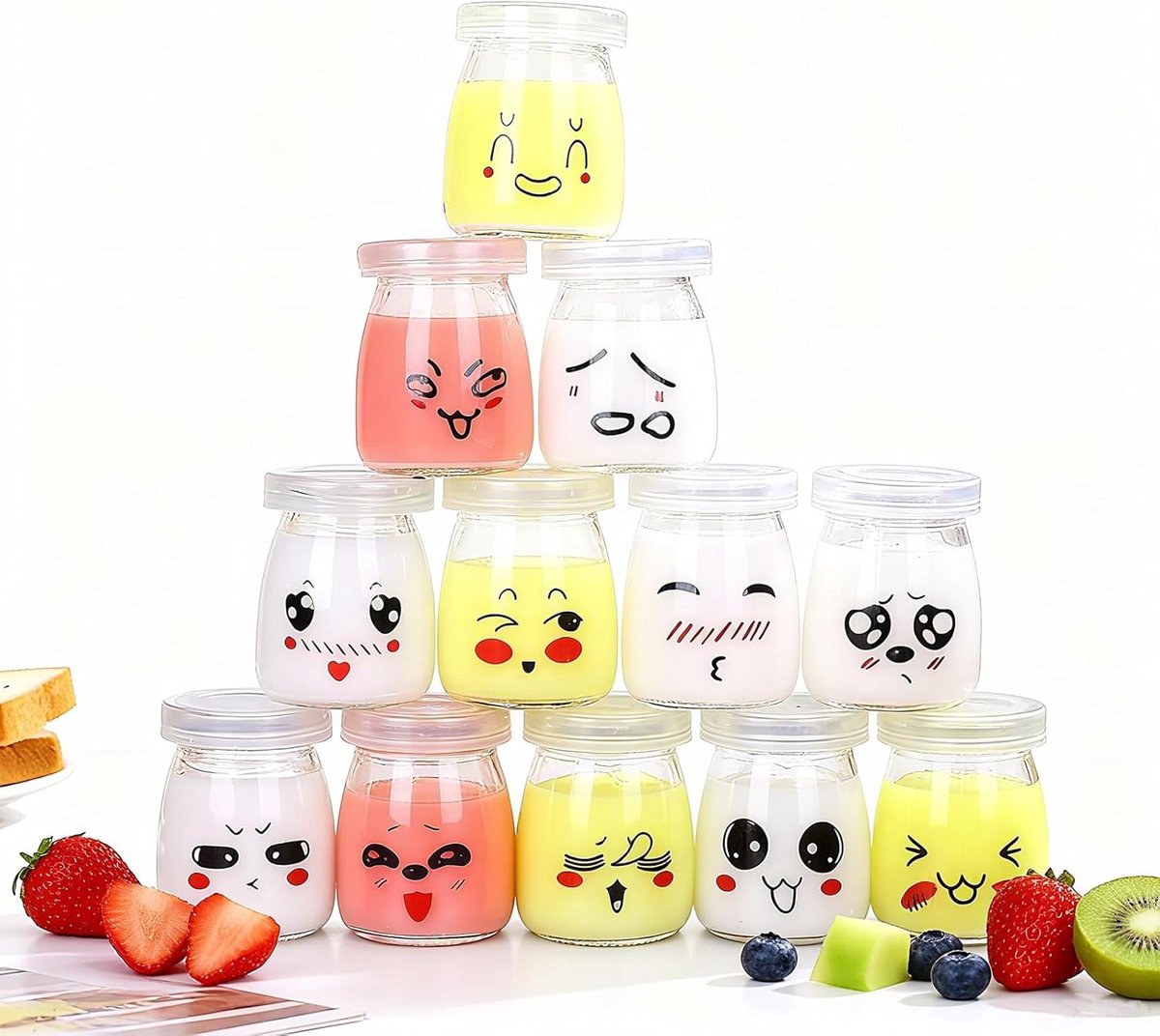 SnelShoppen - 12 Stuks Glazen Yogurtpotjes met Deksel, 100ml, Hermetisch Sluitend, Ideaal voor Kinderen, Baby's, Keuken, Yogurtmaker, Thermomix, Feest