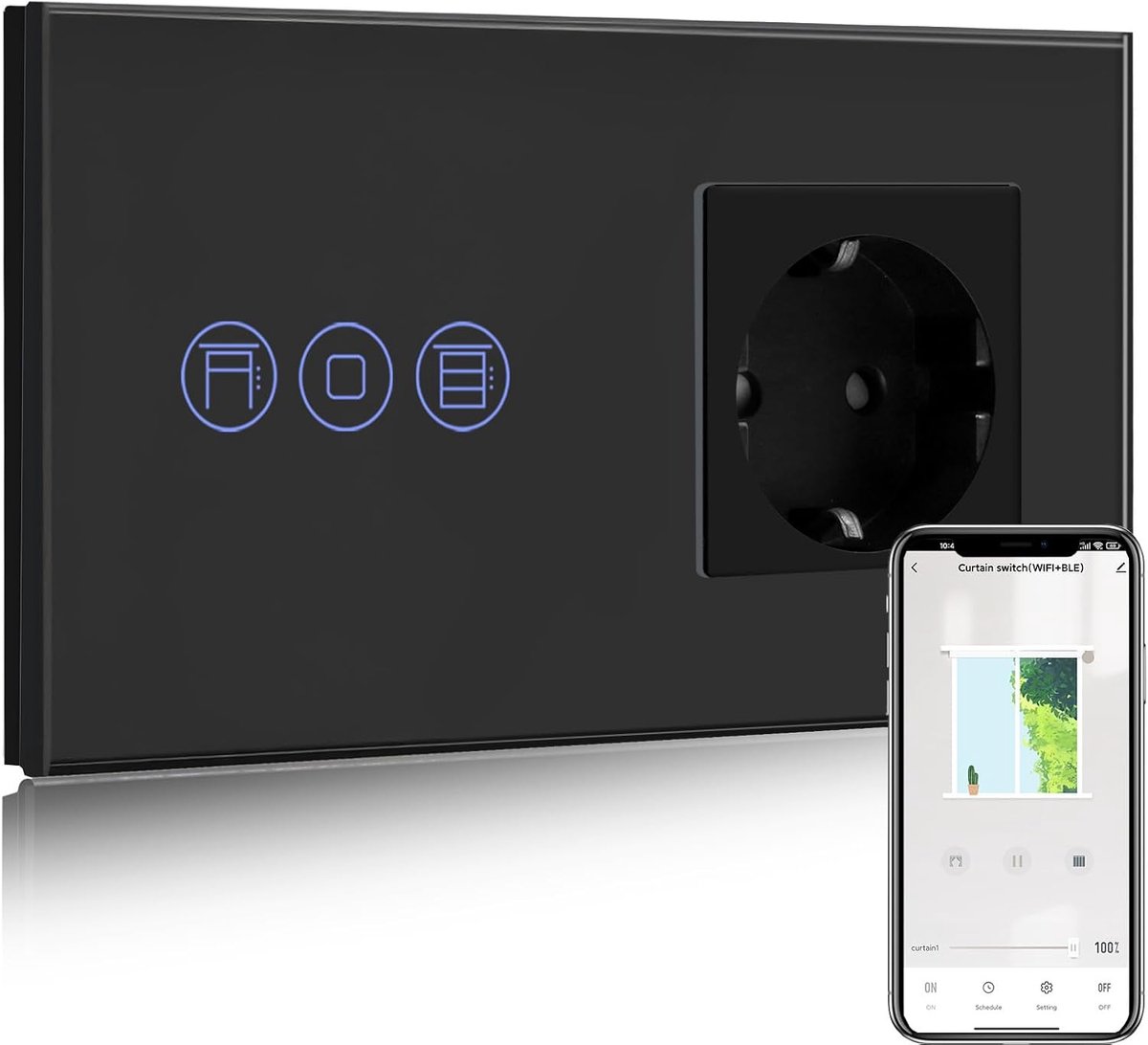 SnelShoppen - Slimme Wand Schakelaar met Standaard Stopcontact - WiFi Touch Schakelaar - Compatibel met Alexa en Google Home - 16A Schuko - Zwart - Vo