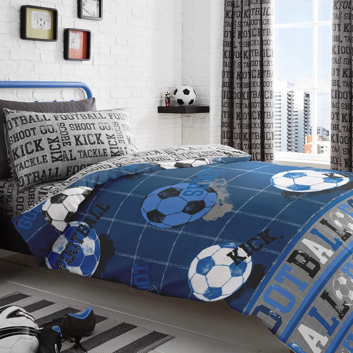 SnelShoppen - Bedset Voetbalthema Katoen Blauw Eenpersoons W135cm x L200cm Dekbedovertrek + Kussenhoes W50cm x L75cm, Ideaal voor Kinderen, Makkelijk