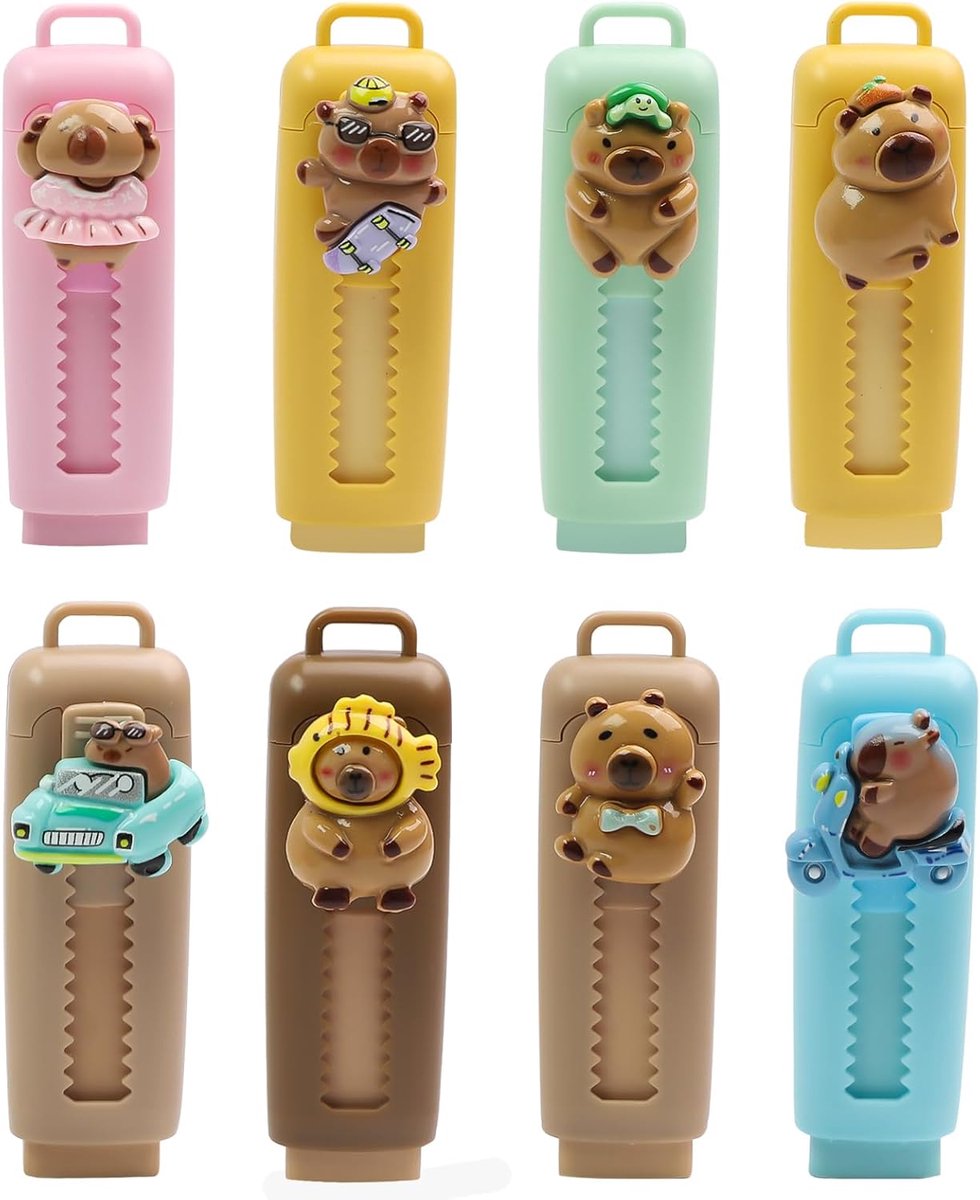 SnelShoppen - Capybara Gummetjes Set van 8, Intrekbare Gummen in 8 Grappige Kleuren voor Kinderen, Schattige Schrijfwaren, Creatief Schoolcadeau, Kind