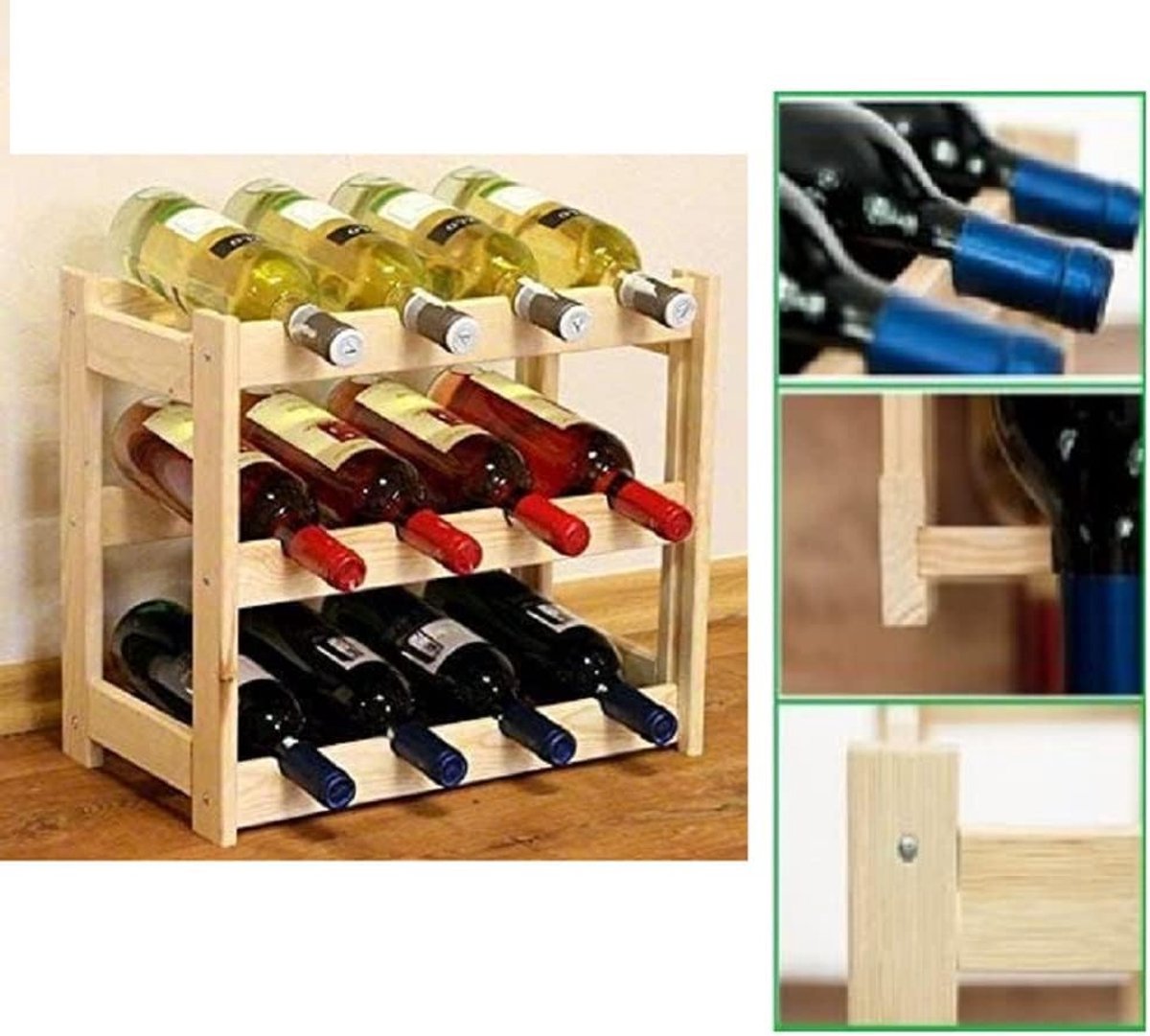 SnelShoppen - Houten Wijnrek - Flessenhouder voor 12 flessen - Modulaire & Stapelbare Flessenstandaard - 38x43.5x25cm - Perfect voor Keuken, Woonkamer