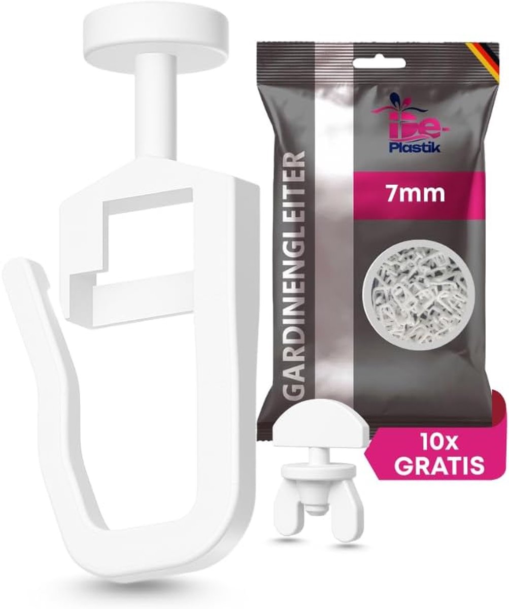 SnelShoppen - 100 Stuks Gordijnglijders + 10 Haakjes 7 mm Standaard Kop voor Binnen Gordijnrails, Geluidsloos en Machinewasbaar, Glijders met Vouwhake