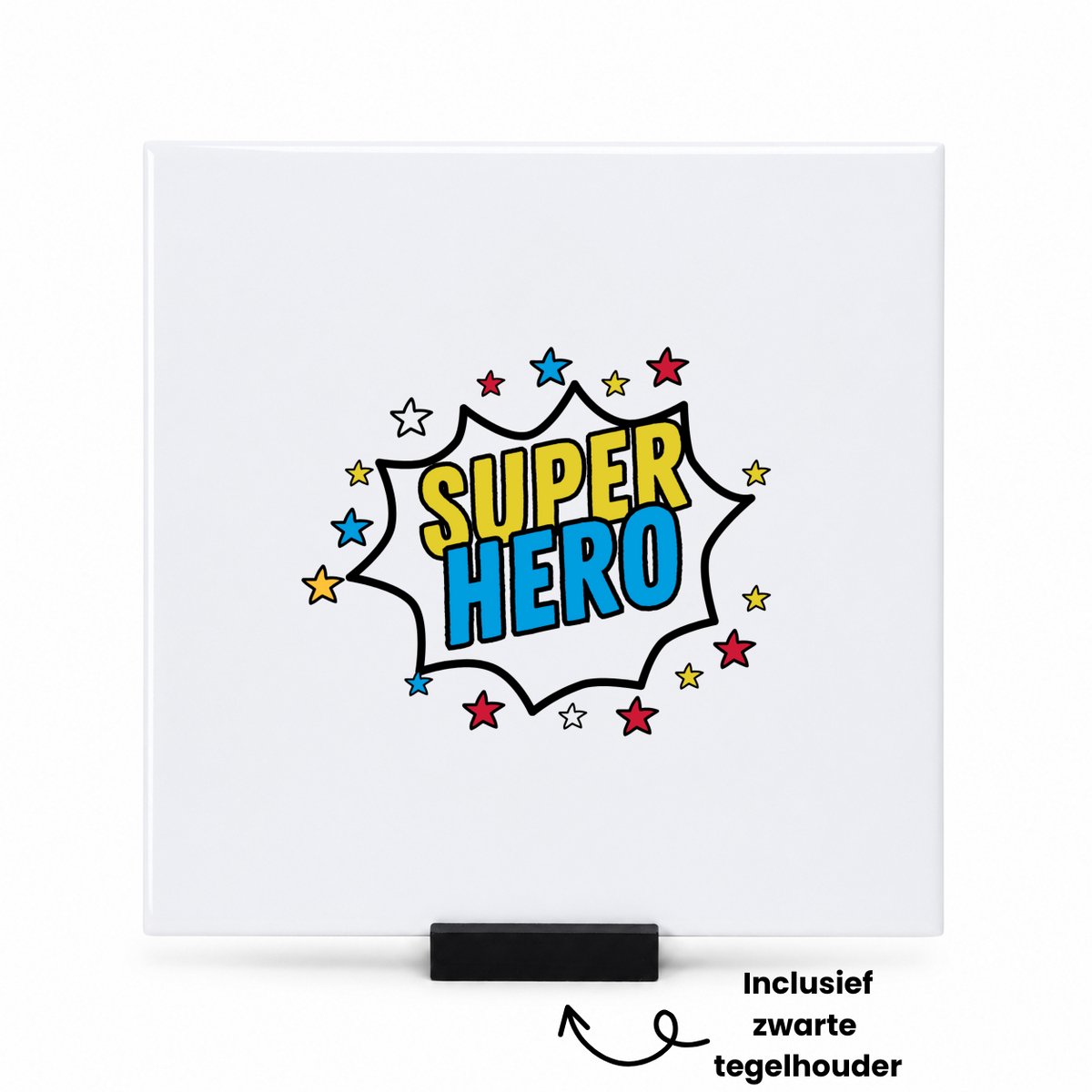 Hacebo Super hero tegeltje met tegelhouder - Superhelden - een superheld - tegeltjes met tekst - verjaardagscadeau - kado - gift - geschenk - spreuktegels - 15x15 CM Wit