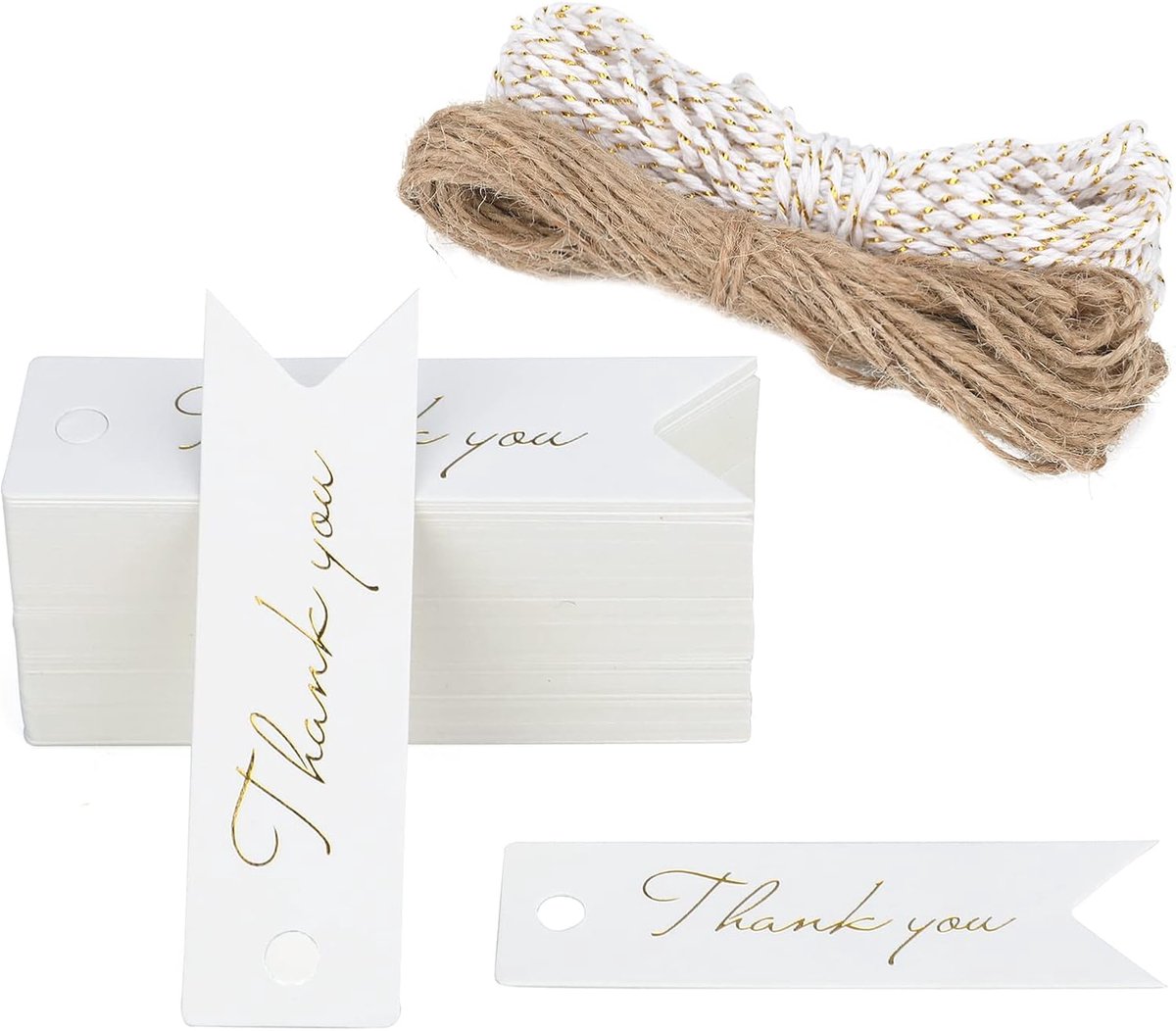 SnelShoppen - Mini Thank You Tags 7x2CM - Kleine Papieren Cadeau Tags - Trouwen, Feest, Decoratie, Scrapbooking, 300GSM Hoogwaardig Wit Papier met Tou