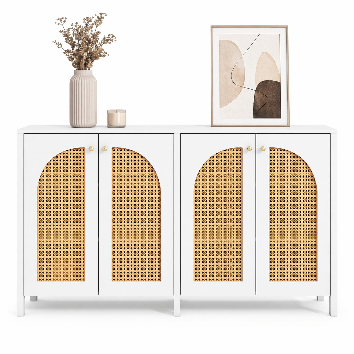 Wishdor - Buffetkast - 4 deuren met rattan look - verstelbare planken en metalen handgrepen - Scandinavisch - woonkamer keuken - houtlook - wit - 145 x 40 x 80 cm