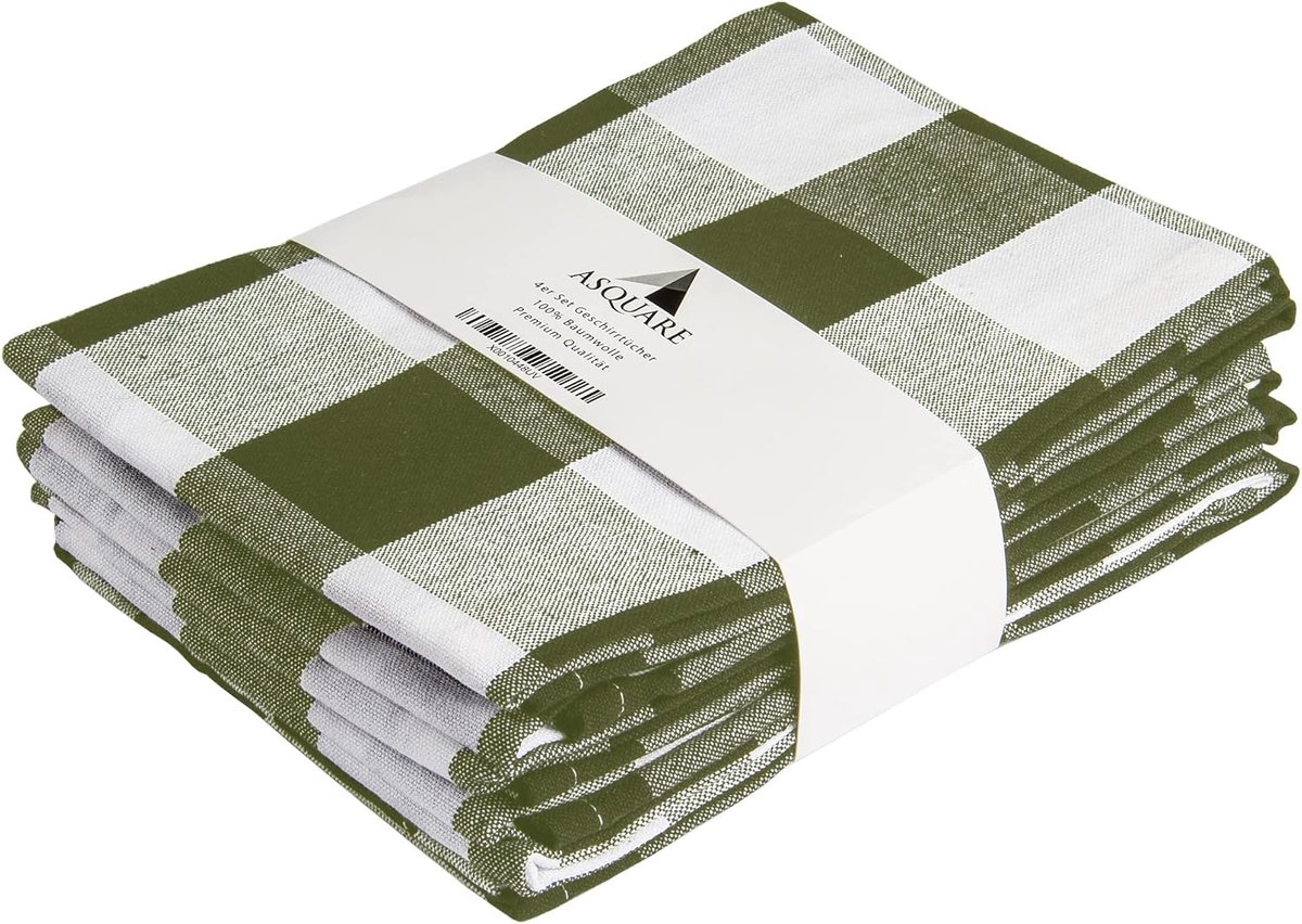 SnelShoppen - Set van 4 Katoenen Keukenhanddoeken 50 x 70 cm - Groene en Witte Geruite Theedoeken - 220 g/m² Absorberende Keukenhanddoeken voor Droogg