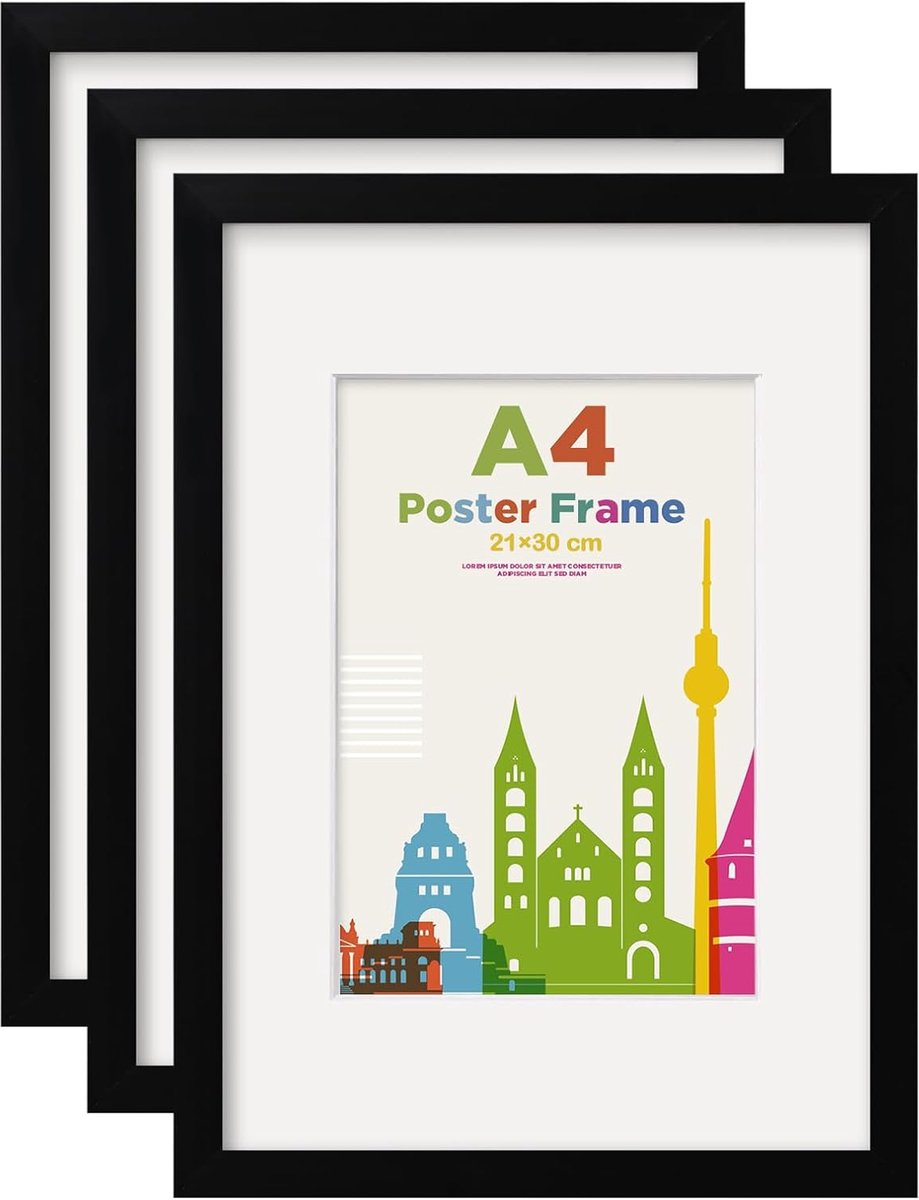 SnelShoppen - Set van 3 Zwarte A4 Fotolijsten 21 x 30 cm, Fotolijsten met Acrylglas voor 14 x 19 cm Foto's, Certificaten, Tafel- en Wandmontage, Duurz