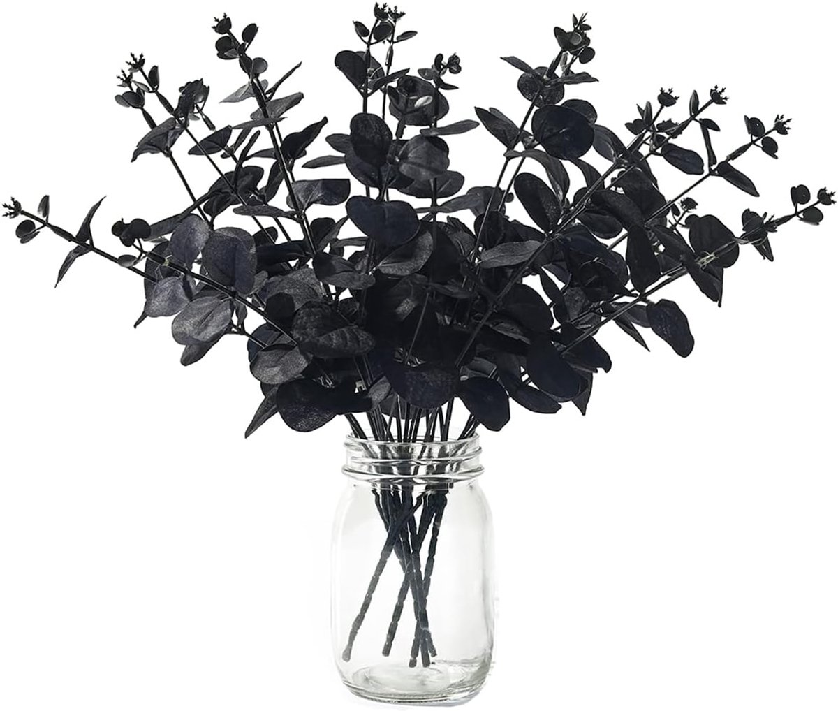 SnelShoppen - 6 Bundles Kunstmatige Zwarte Eucalyptus Takken - Halloween Decoratie - Zijden Eucalyptus Bladeren - 35cm - Perfect voor Gothic Feesten e