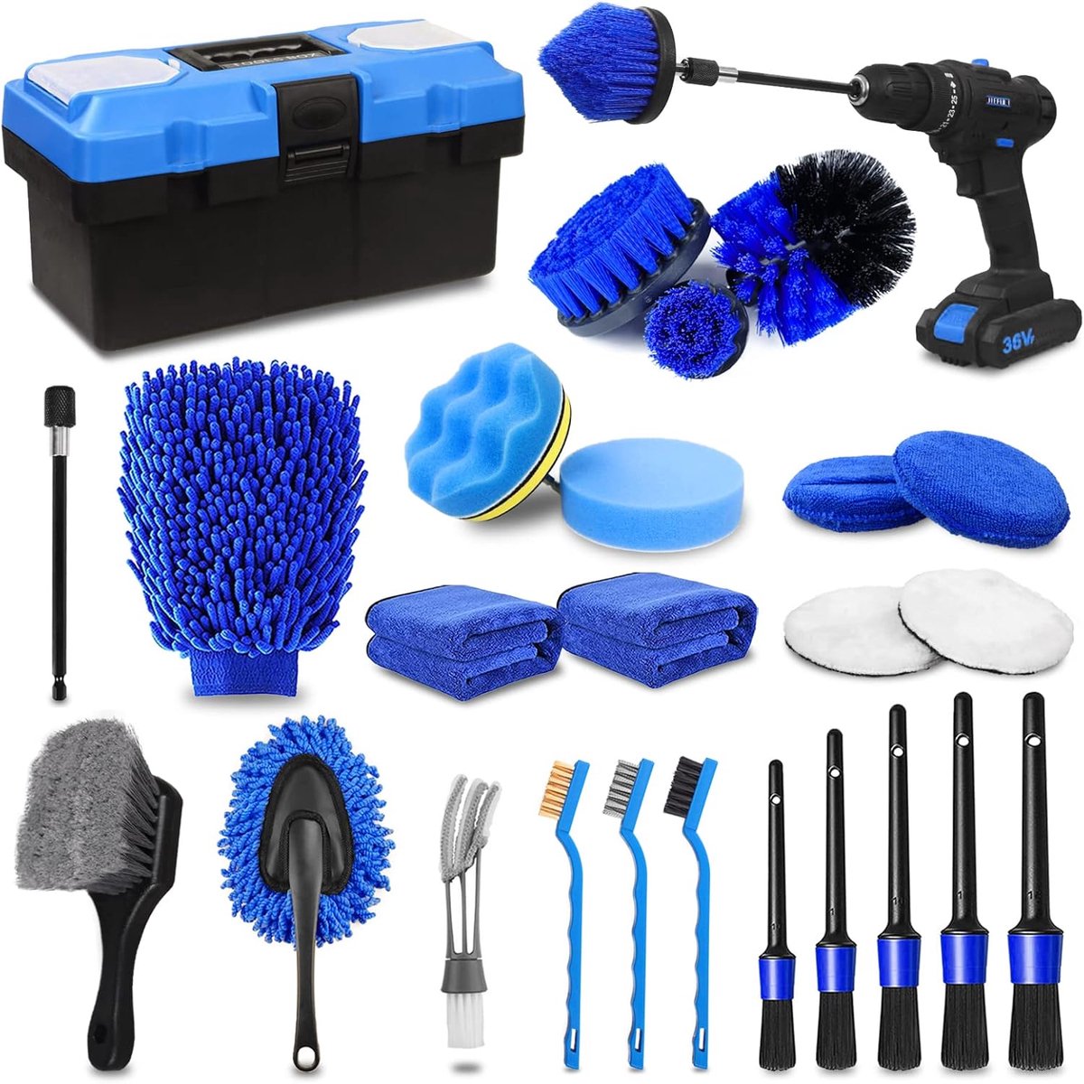 SnelShoppen - 27-delige Auto Detailing Kit - Auto Reinigingsset met Borstels, Drill Borstels, Microvezeldoeken, Polijstpads en Meer - Ideaal voor Inte