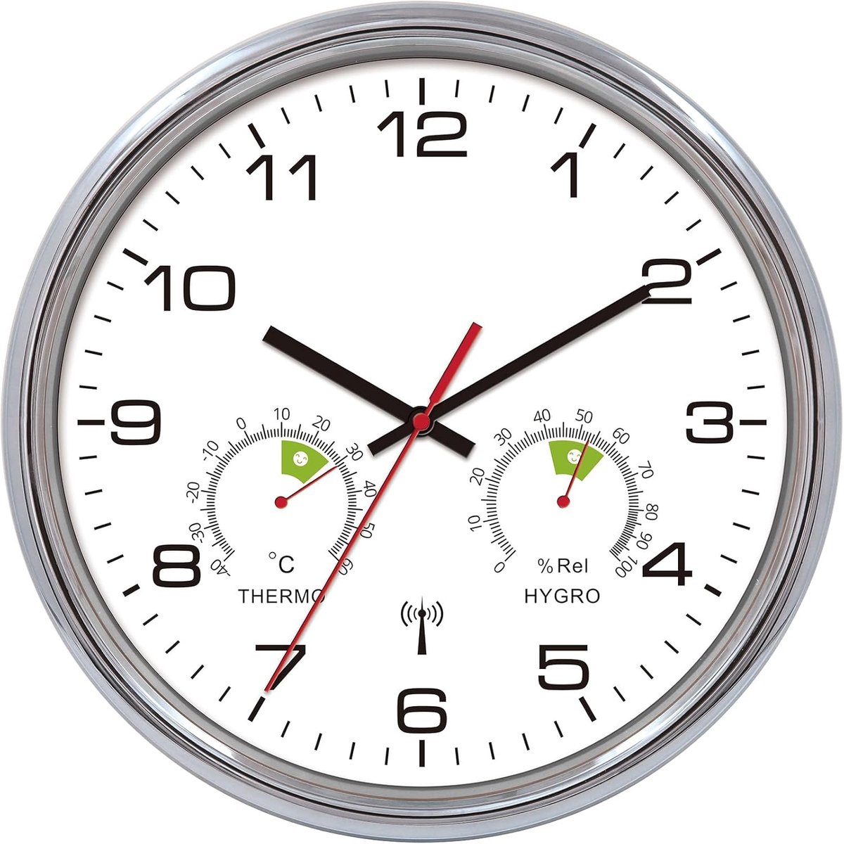 SnelShoppen - Radiogestuurde Wandklok met Thermometer en Hygrometer, Stil en Geluidloos, Perfect voor Woonkamer, Keuken en Slaapkamer