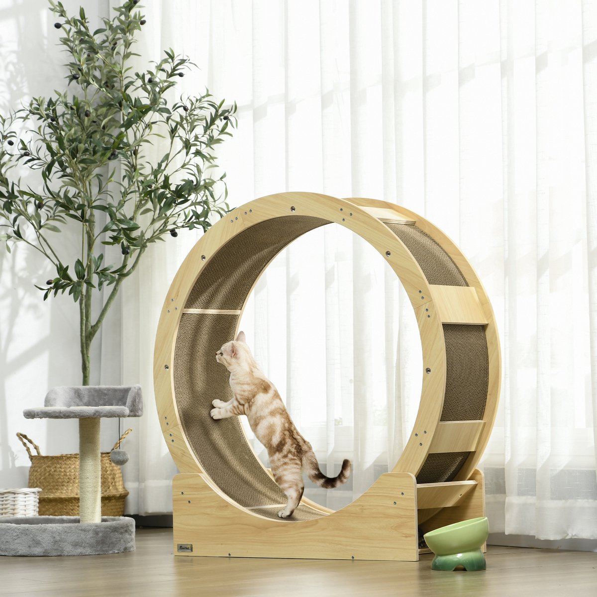FloraGrace Krabmeubel – Kattenlaufrad Met Rem En Krabmat – 91 x 33,5 x 94 cm – Hout – Eikenkleur – Voor Beweging En Ontspanning