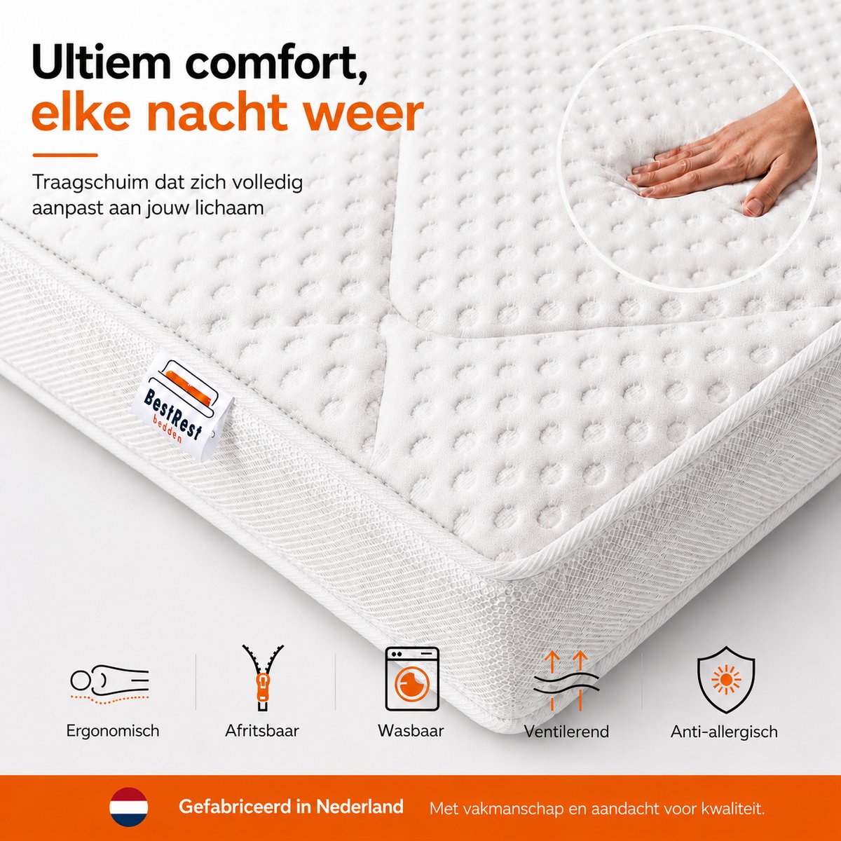 Bestrest Bedden Topdekmatras 160x210 - Topper Nasa Traagschuim - Ademend Tencel Hoes - Ergonomisch & Drukverlagend Topdekmatras - Nasa Memory Foam - Ca 12cm Dik - Bestrest Bedden® Wit