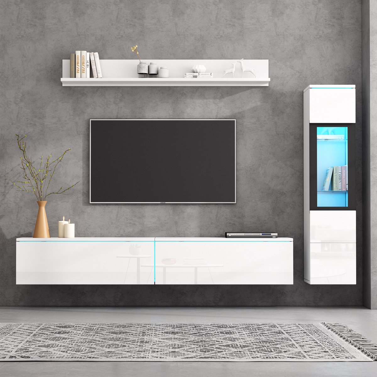 Wishdor - TV wandmeubel set - 3-delig met LED verlichting - tv-meubel, vitrine en hangplank - modern voor woonkamer - houtlook hoogglans wit - 180 cm