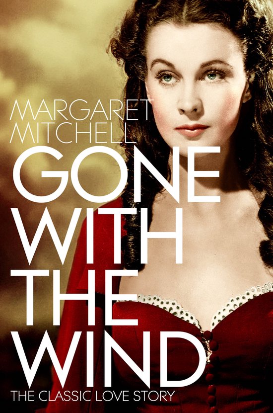 Boekomslag Gone with the Wind, met een close-up van Vivien Leigh in een rode jurk met witte kanten rand.