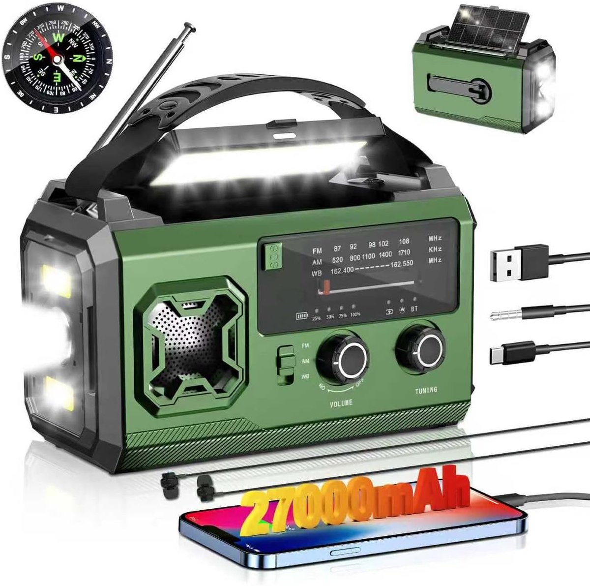 SnelShoppen - 27000 mAh Multifunctionele Noodradio met Bluetooth, Draagbare Zonne-energie Radio, 3 Oplaadmethoden, FM/AM Radio, SOS Alarm, Zaklamp, Ko