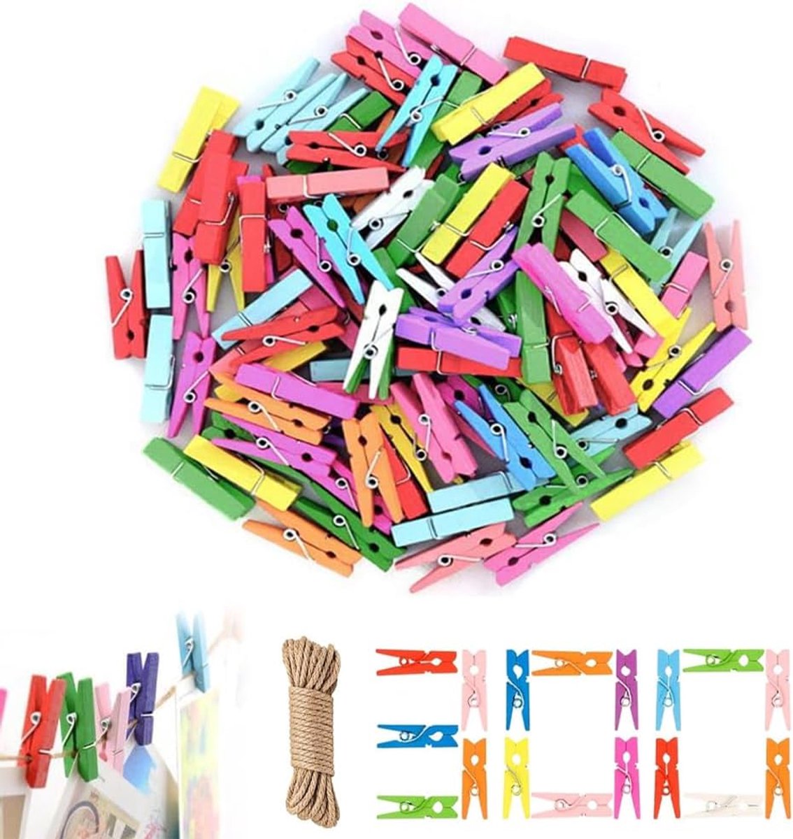 SnelShoppen - 300 Stuks Kleine Houten Clips Kleurrijk 2.5 x 0.3 cm Decoratieve Clips voor Foto's, Postkaarten, Hangdecoratie met 10 m Jute Koord