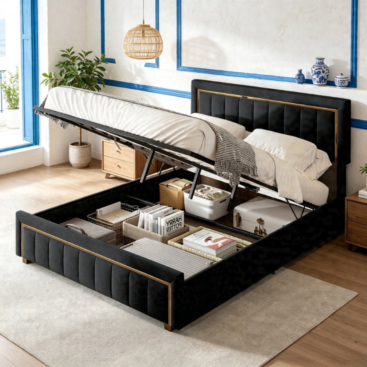 Tweepersoonsbed 160x200 cm, luxe gestoffeerd bed met hoofdbord, 2 persoonsbed met verticale bekleding en gouden metalen rand, fluwelen bedframe zwart, zonder matras