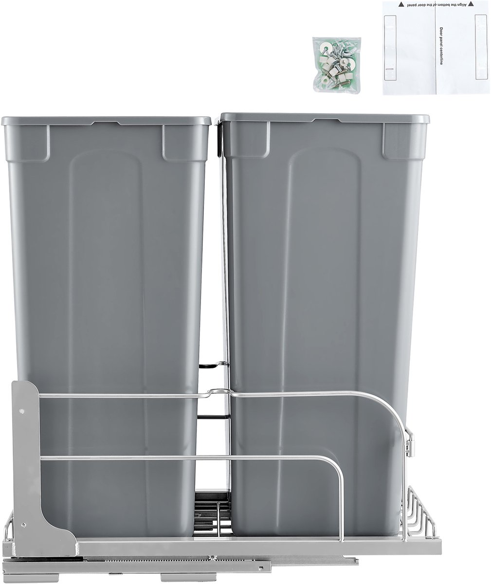 Uitschuifbare Dubbele Afvalbak (50 Qt X2), Ontworpen voor Onder Het Aanrecht, met Soft-Close Schuifmechanisme en Deurmontage, Geschikt voor Keukenkastjes, Spoelbakken en Onderkasten (Grijs)