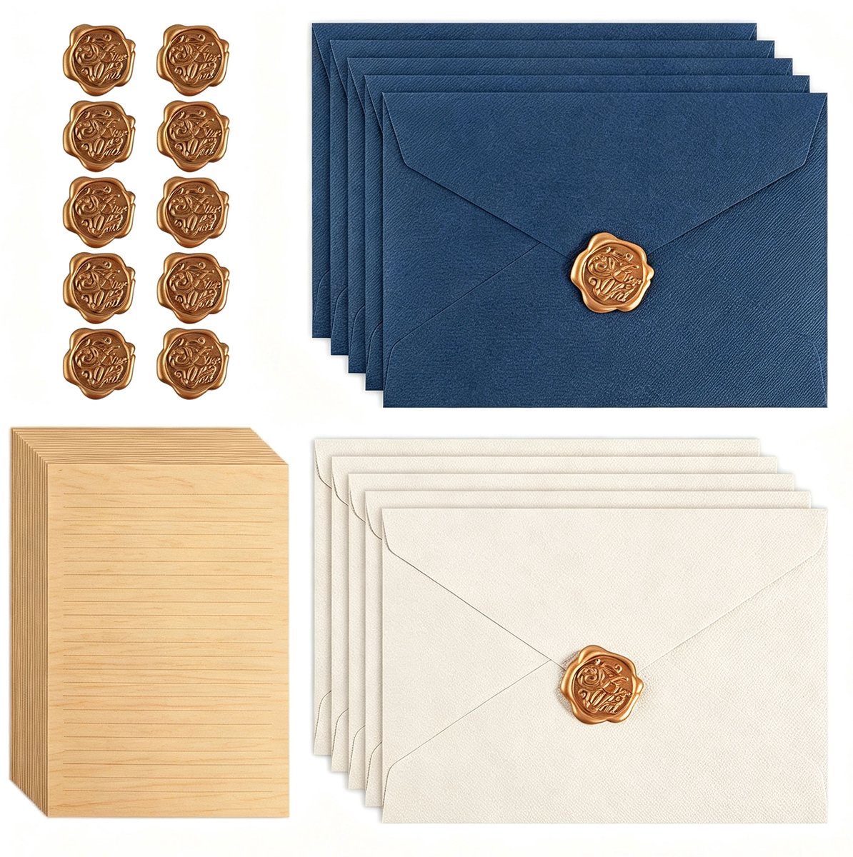 Kaiyaya - Enveloppen & Briefpapier Set - A5 Kraftpapier, Gelinieerd - Blauw, Wit & Vintage Waszegel - voor Brieven, Uitnodigingen, Cadeau