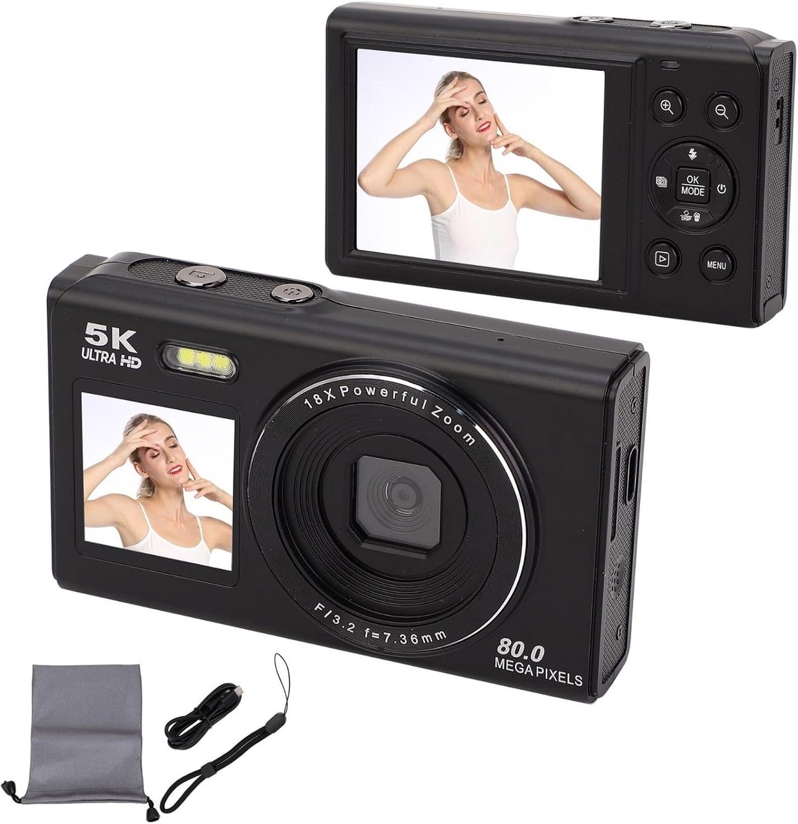 SnelShoppen - 5K 80MP Digitale Camera met 18x Zoom, Auto Focus, Dual Display, Flash en Kaart - Vlogging Camera Zwart voor Feesten, Camping, en Kindere