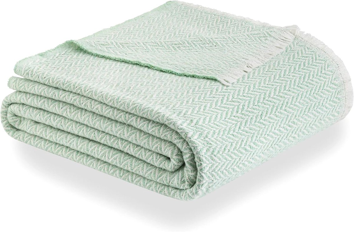 SnelShoppen - Extra Soft Katoenen Deken 180x240 cm - Multifunctionele Bedsprei, Sofa Throw, Mint Groen, Ademend, Duurzaam, Herringbone Design voor Vie