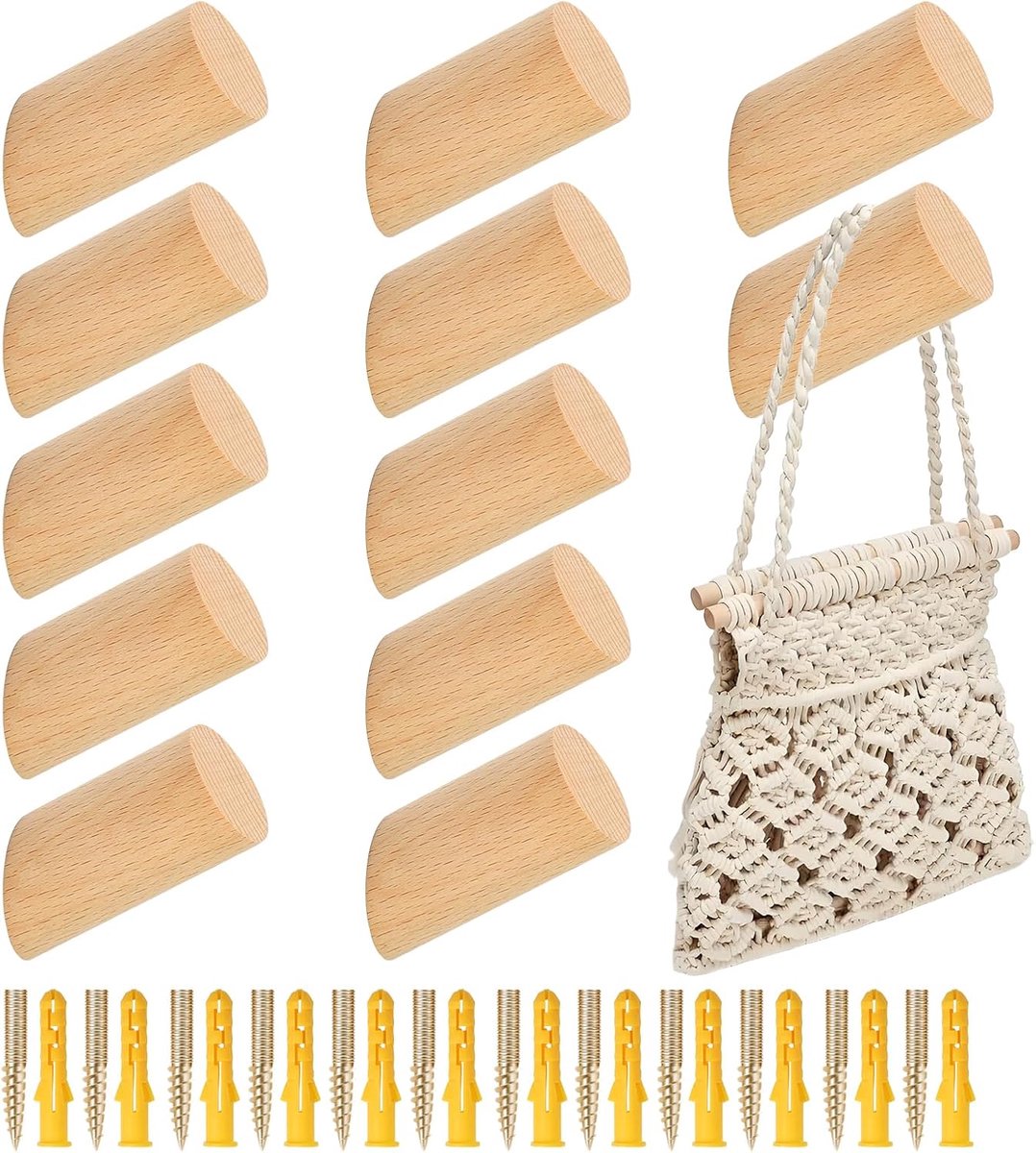 SnelShoppen - Pack van 12 Houten Kapstokken 6 cm Wandhaken Rond Beuken Decoratieve Houten Haken met Schroeven Vintage Kapstokken voor Hoeden, Rugzakke
