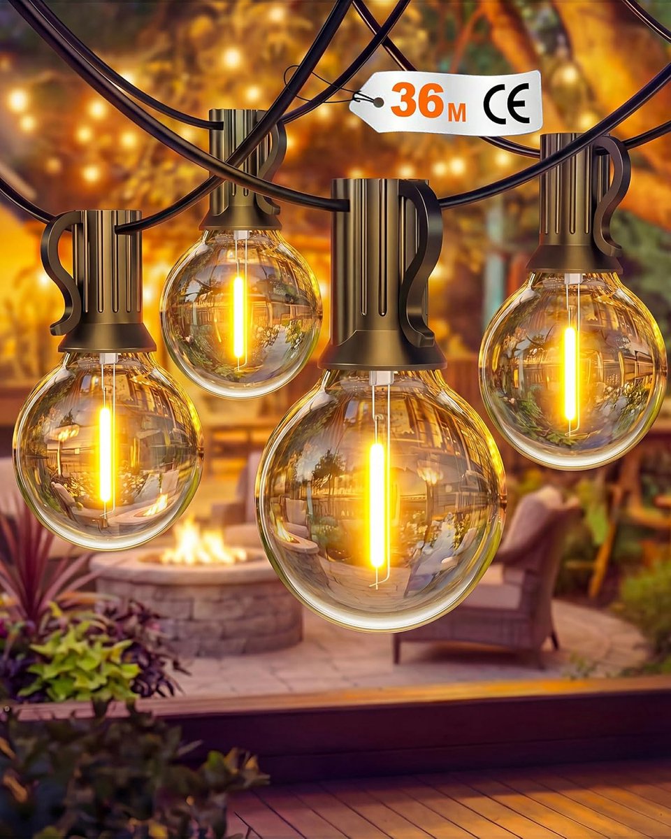 SnelShoppen - Lichtsnoer Buiten 36m Dimbaar met 50 + 2 Onbreekbare G40 Gloeilampen, IP65 Waterdicht voor Tuin, Balkon, Terras, Bruiloften en Feesten -