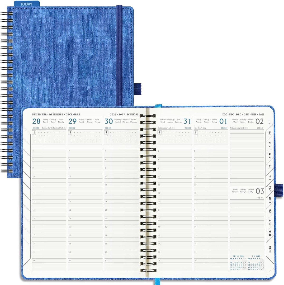 SnelShoppen - Agenda 2026 2027 A5 - 18 Maanden Weekly Planner - School Agenda - Verticaal - Blauw - PU Leer - Spiral Binding - 80g Papier