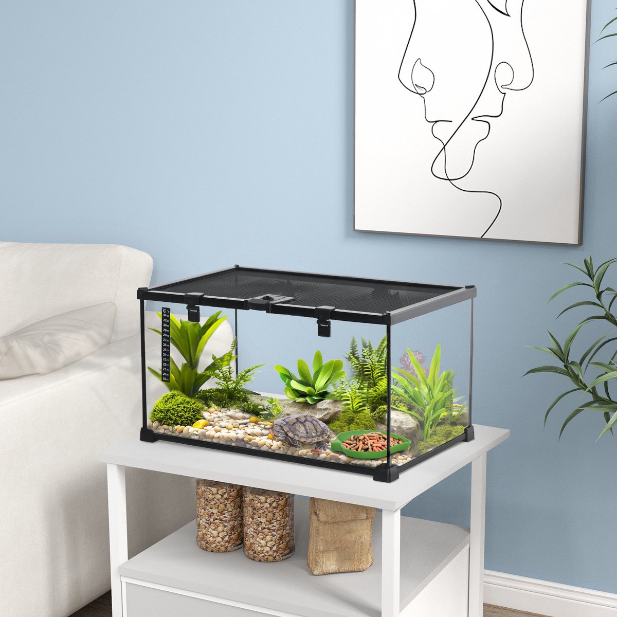 DESMIU Terrarium – Ontsnappingsveilig Met Voederopening – 50 x 30 x 25 cm – Glas En Metaal – Zwart – Voor Reptielen Met Thermometer