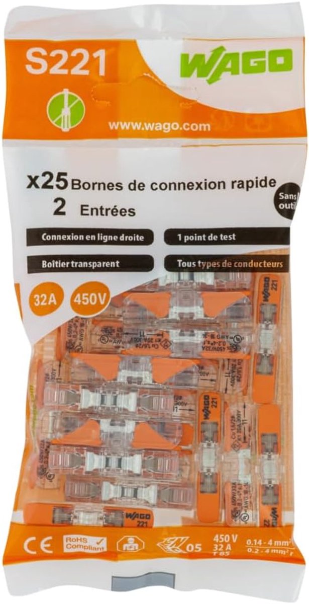 SnelShoppen - Pack van 25 herbruikbare lasklemmen met 2 ingangen S221 voor stijve en flexibele draden 0,2-4 mm², inclusief testpunt en snelle manipula