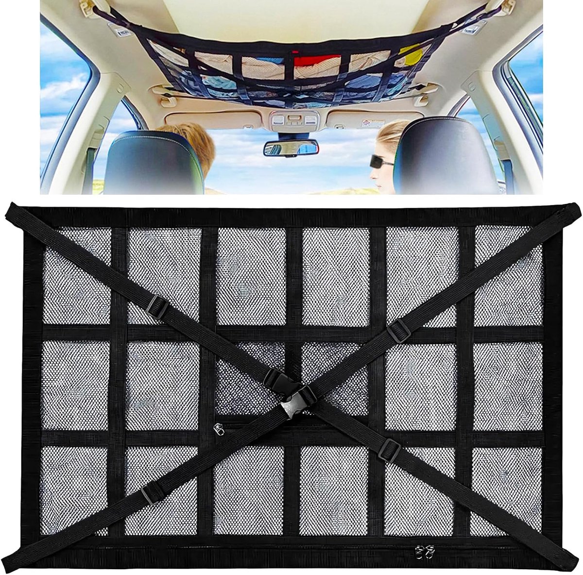 SnelShoppen - Car Roof Luggage Net 90 x 65 cm, Dubbele Tas, Valbescherming, Luggage Net voor Motorhome, SUV, Jeeps, Vans en Meer