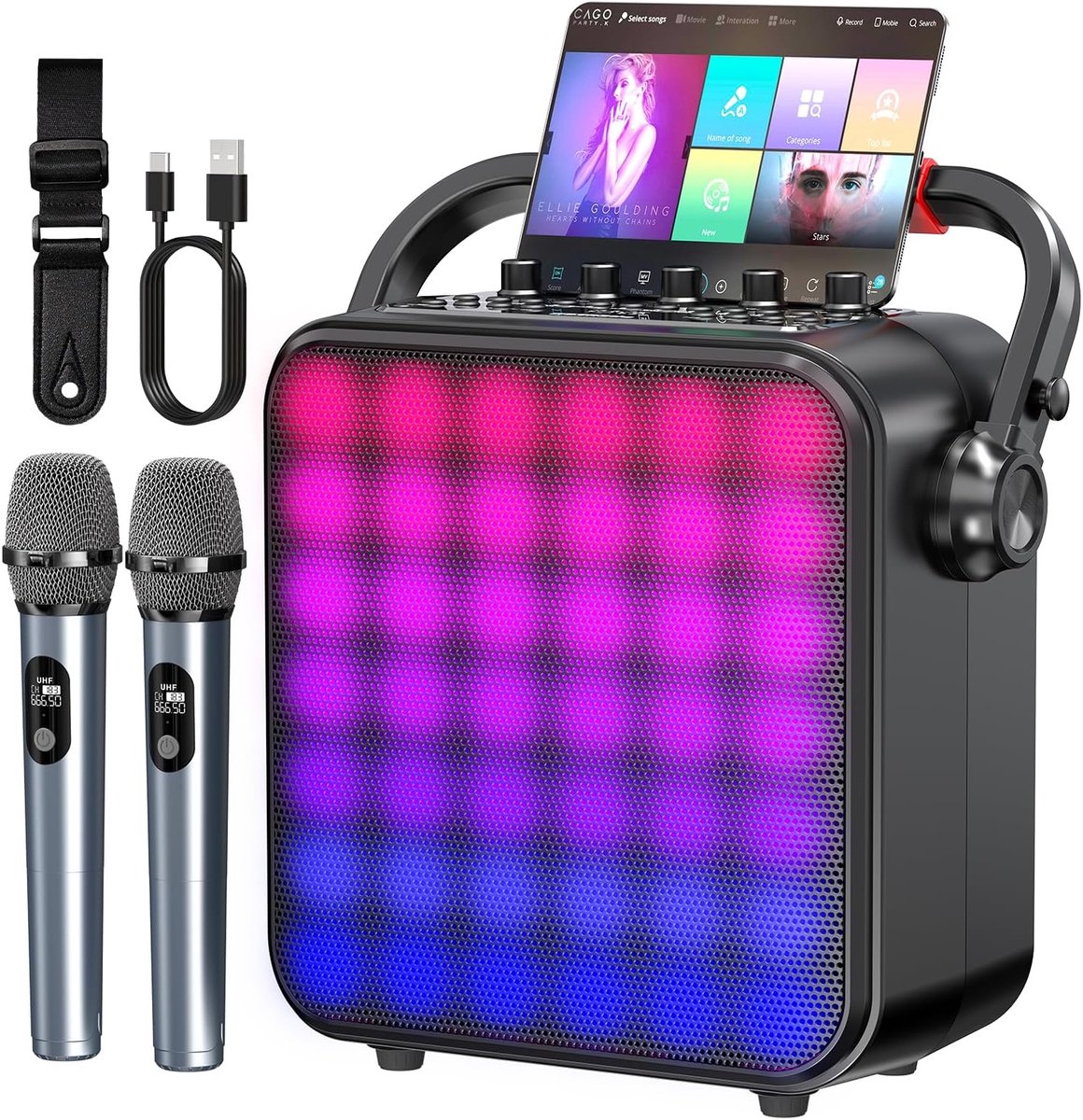 SnelShoppen - Karaoke Machine met 2 Draadloze Microfoons, Bluetooth Speaker, PA Systeem, LED Verlichting, Bas/Treble Aanpassing, Ondersteunt REC/TWS/F