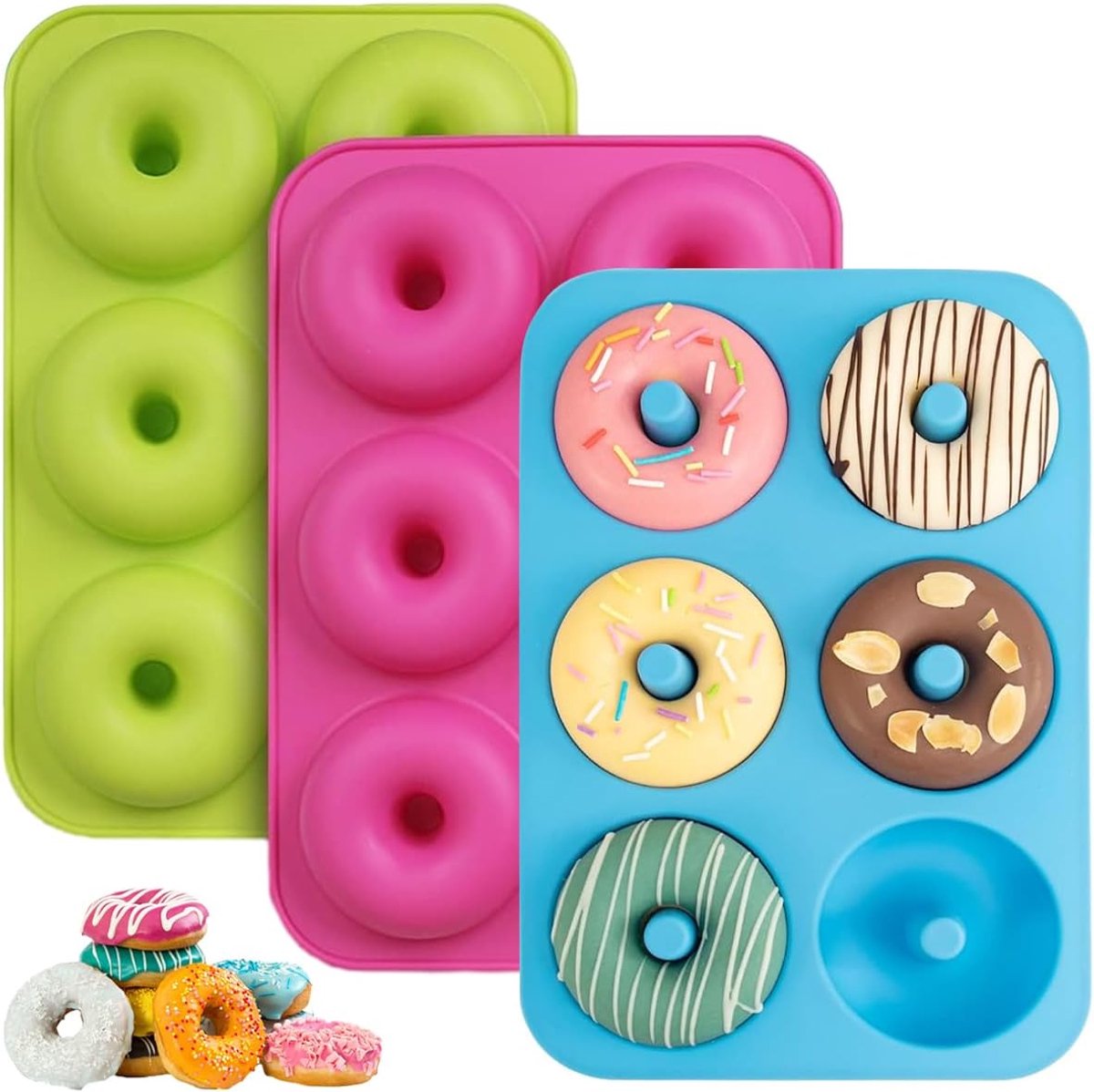 SnelShoppen - 3 Non-Stick Siliconen Donut Mallen BPA Vrij Groen/Roze/Blauw | Hittebestendig van 40 tot 230 °C Voor Thuisbakkerij en Gebak Voorbereidin