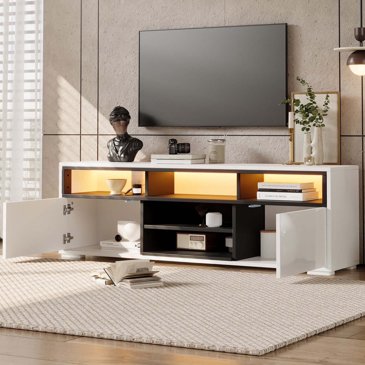 Wishdor - Tv meubel - 150 cm compact lowboard - 2 deuren en open vakken met LED - modern voor kleine woonkamer - bewerkt hout hoogglans - wit zwart