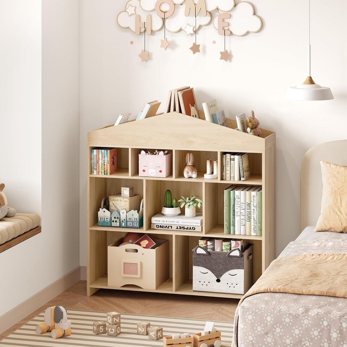 Kinderboekenkast en Speelgoedkast - Huisvorm Design - 9 Opbergvakken - 103 cm Breed - Montessori Opbergsysteem voor Kinderkamer en Speelkamer - Naturel