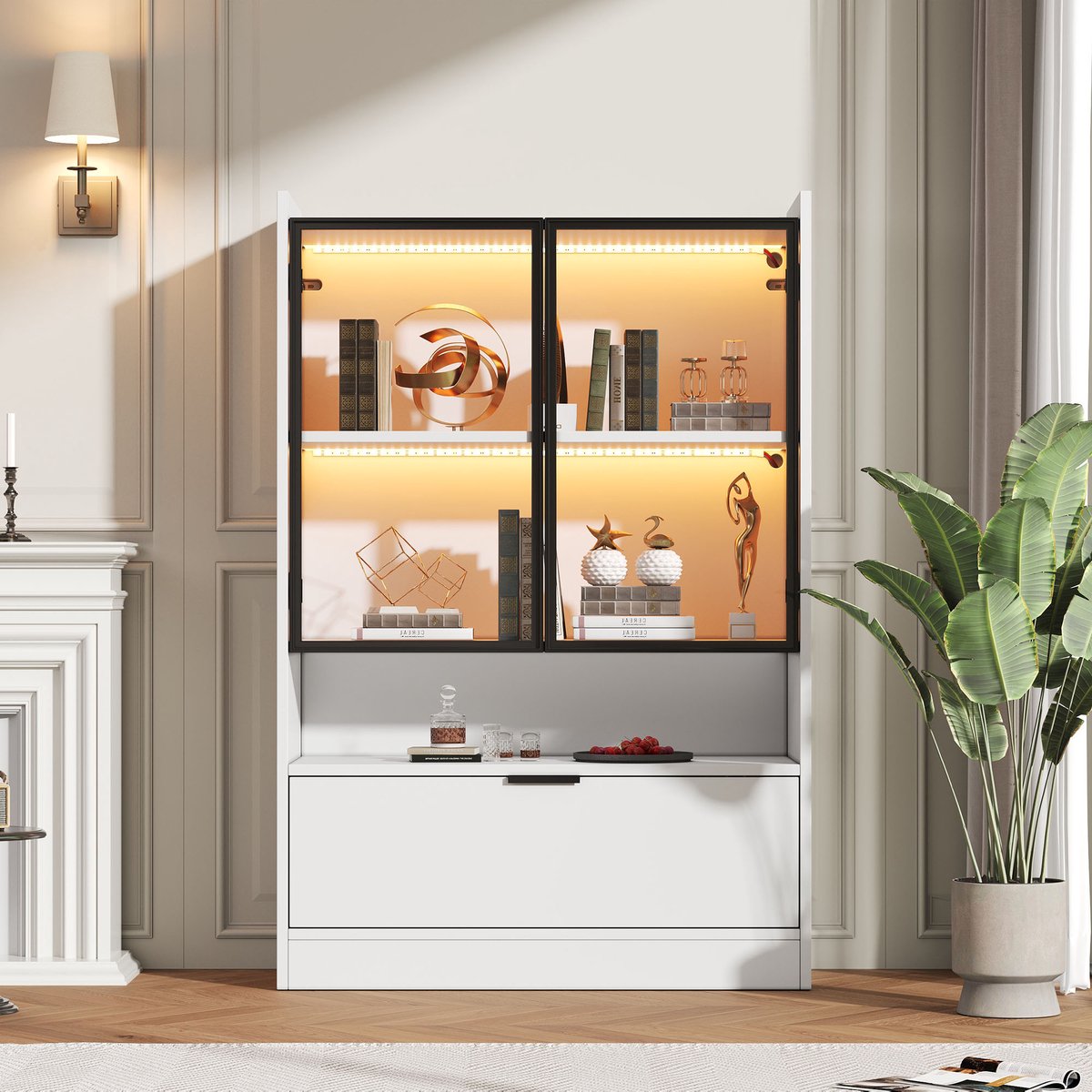 Wishdor - Kast - LED vitrinekast met glazen deuren en neerklapvak - modern design - woonkamer of eetkamer - bewerkt hout en veiligheidsglas - wit - 80 x 35 x 120 cm