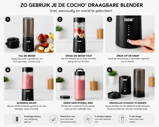 COCHO® Blender To Go - Smoothie Maker - Oplaadbare Mini Blender - Smoothies & Shakes - Draadloos & Draagbaar - Fruit Mixer - USB Oplaadbaar - 400 - 450ML van COCHO® — afbeelding 4
