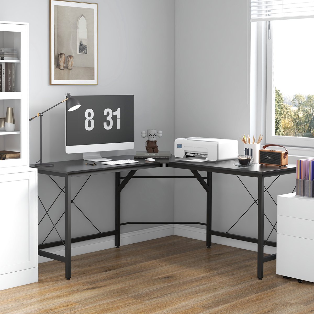 OKWISH Hoekbureau – L-vormig Bureau Voor Thuiswerkplek En Kantoor – 150 x 150 x 76 cm – Stalen Frame En MDF Werkblad – Zwart