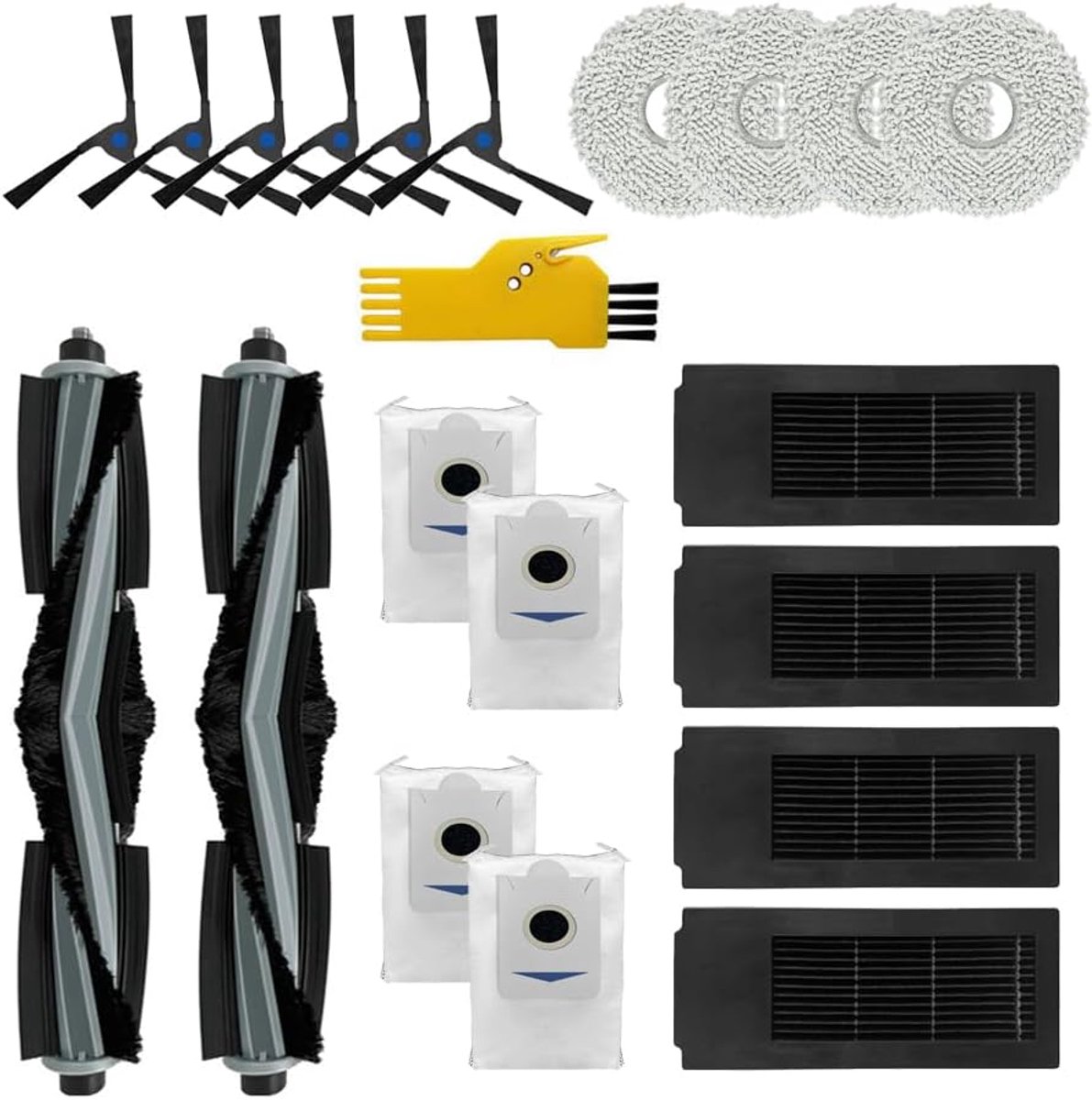 SnelShoppen - Accessoire Set voor Robotstofzuiger, 20 Stuks - 2 Rollerborstels, 4 Filters, 6 Zijborstels, 4 Reinigingsdoeken, 4 Stofzuigerzakken voor