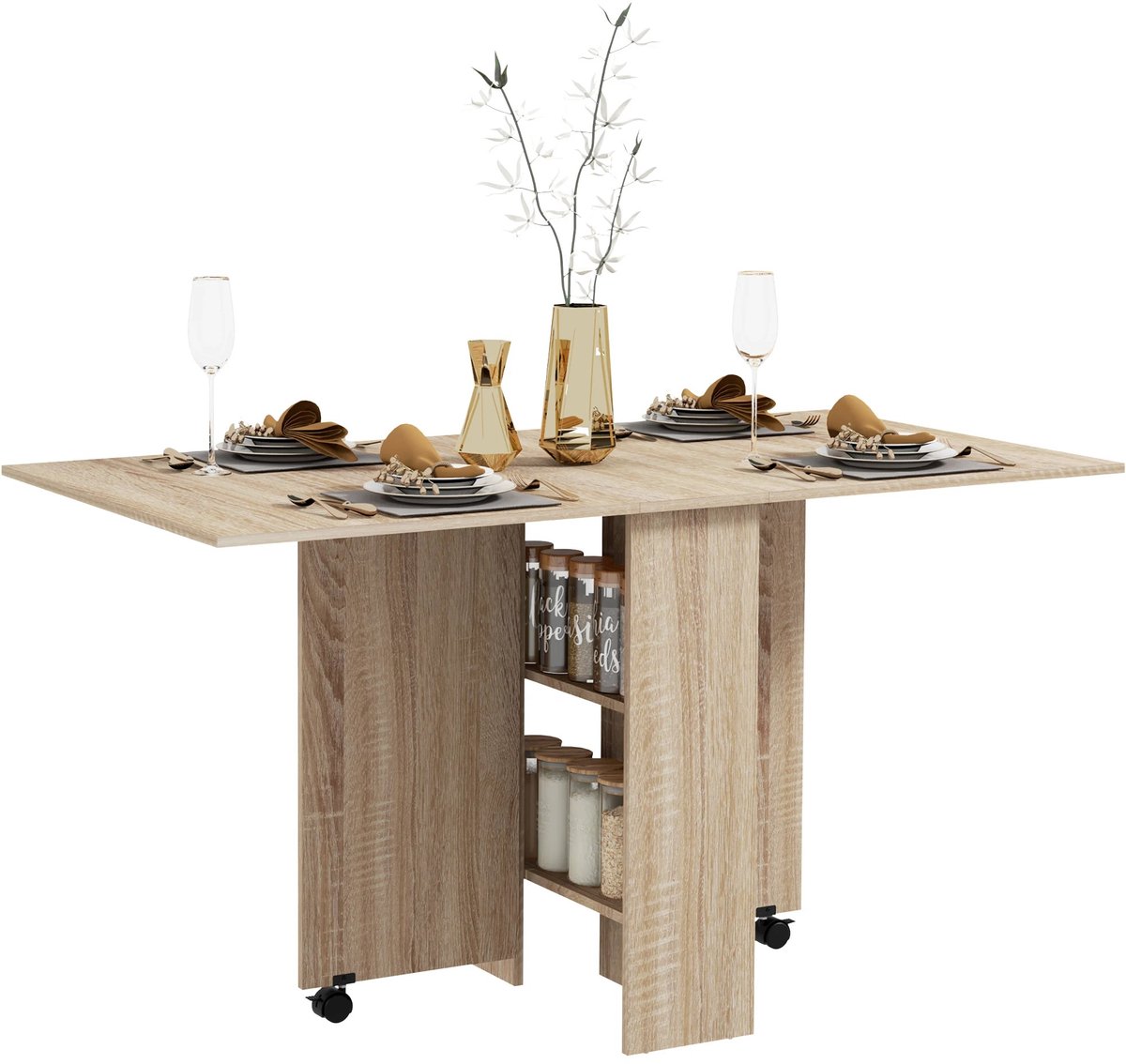 Stervia Inklapbare Eettafel - Opklapbare Tafel - Geschikt Voor 4-6 Personen - Met Wielen - Inclusief 2 Opbergplanken - Beige - 140 × 75 x 74 cm