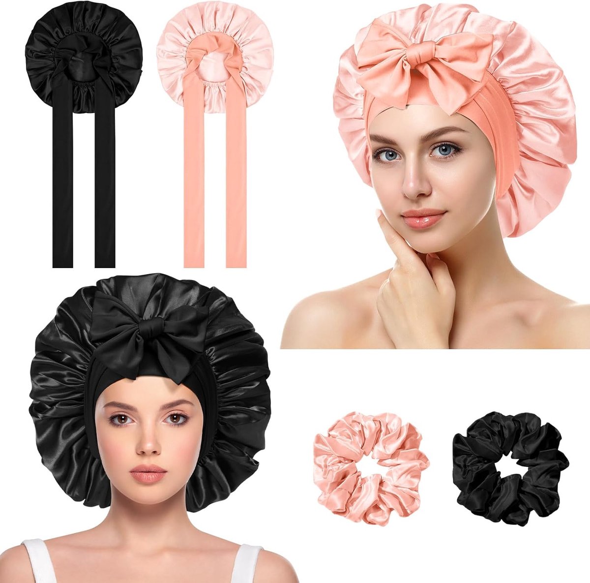 SnelShoppen - Satin Bonnet 2 Stuks Soft Silk Haar Wrap voor Slapen, Nacht Haar Cap met Elastische Band, Haar Bonnet voor Bad, Haarverzorging Hoofdbede
