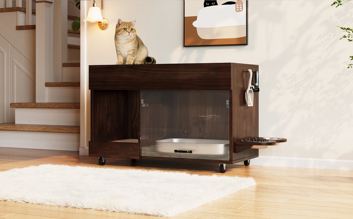MODENUIT Kattenbakcontainer – 100 x 45,5 x 67 cm – Met Wieltjes en Acryl Deur – MDF – Walnootkleur