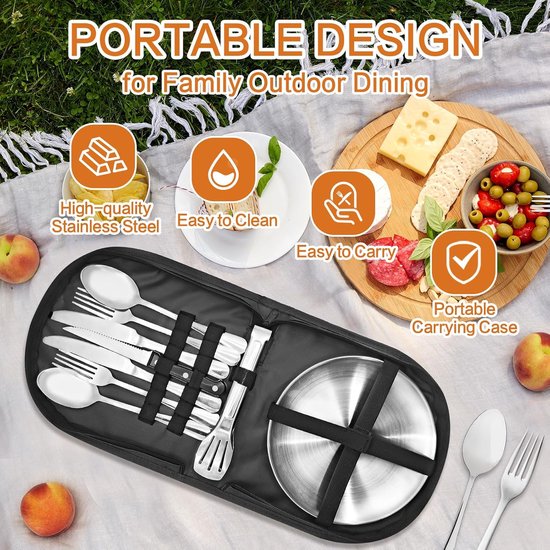 SnelShoppen - Camping Bestek Set voor 2 Personen, 11-delig RVS Camping Servies, Perfect voor Kamperen, Hiking en Outdoor Activiteiten, Compleet met Bo — afbeelding 4