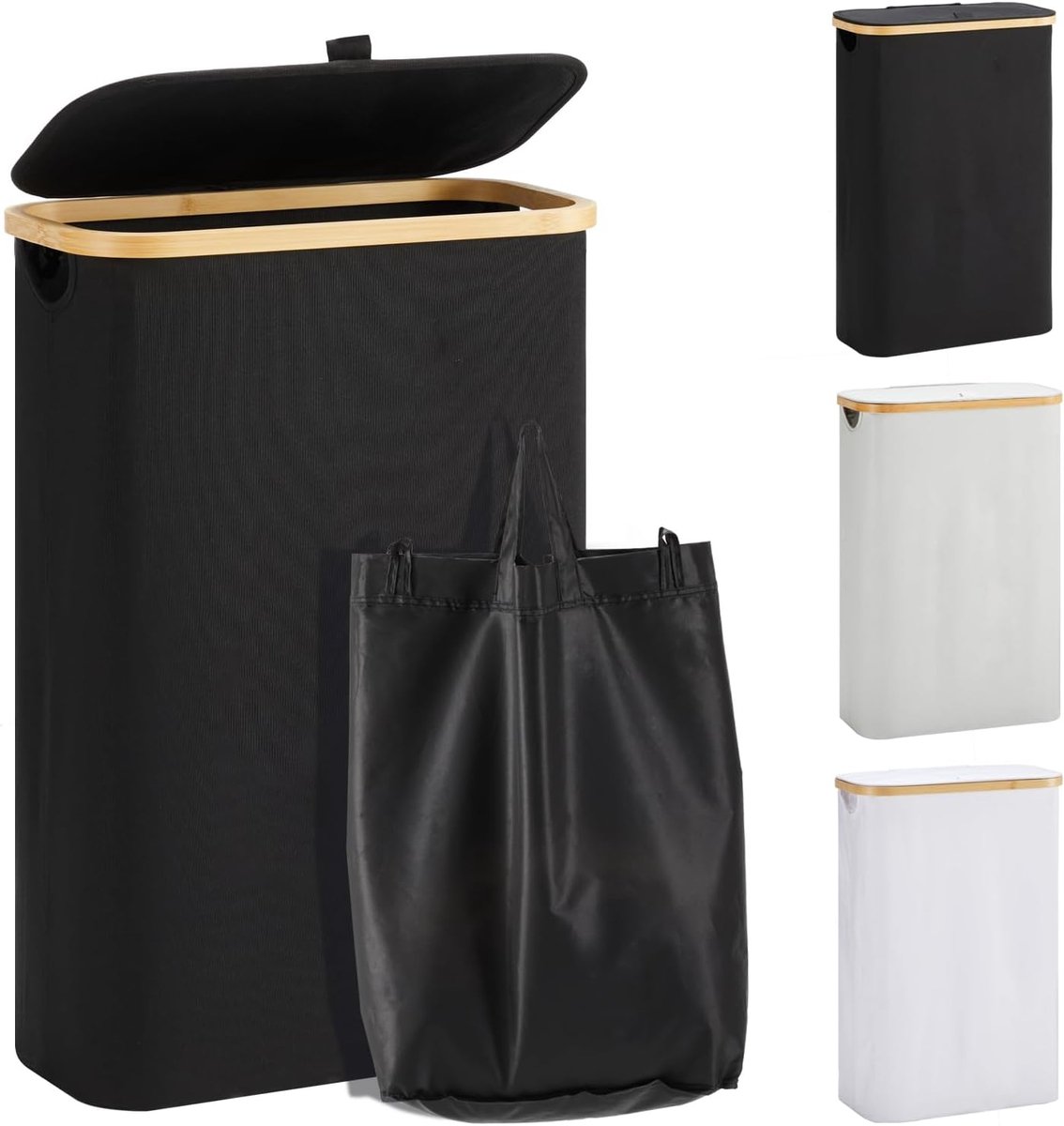 SnelShoppen - Vouwbare Wasmand met Deksel 48L - Houten & Bamboe Wascontainer - Smalle Wasbasket voor Thuis, Zwart, Ideaal voor Woonkamer, Badkamer, Ki