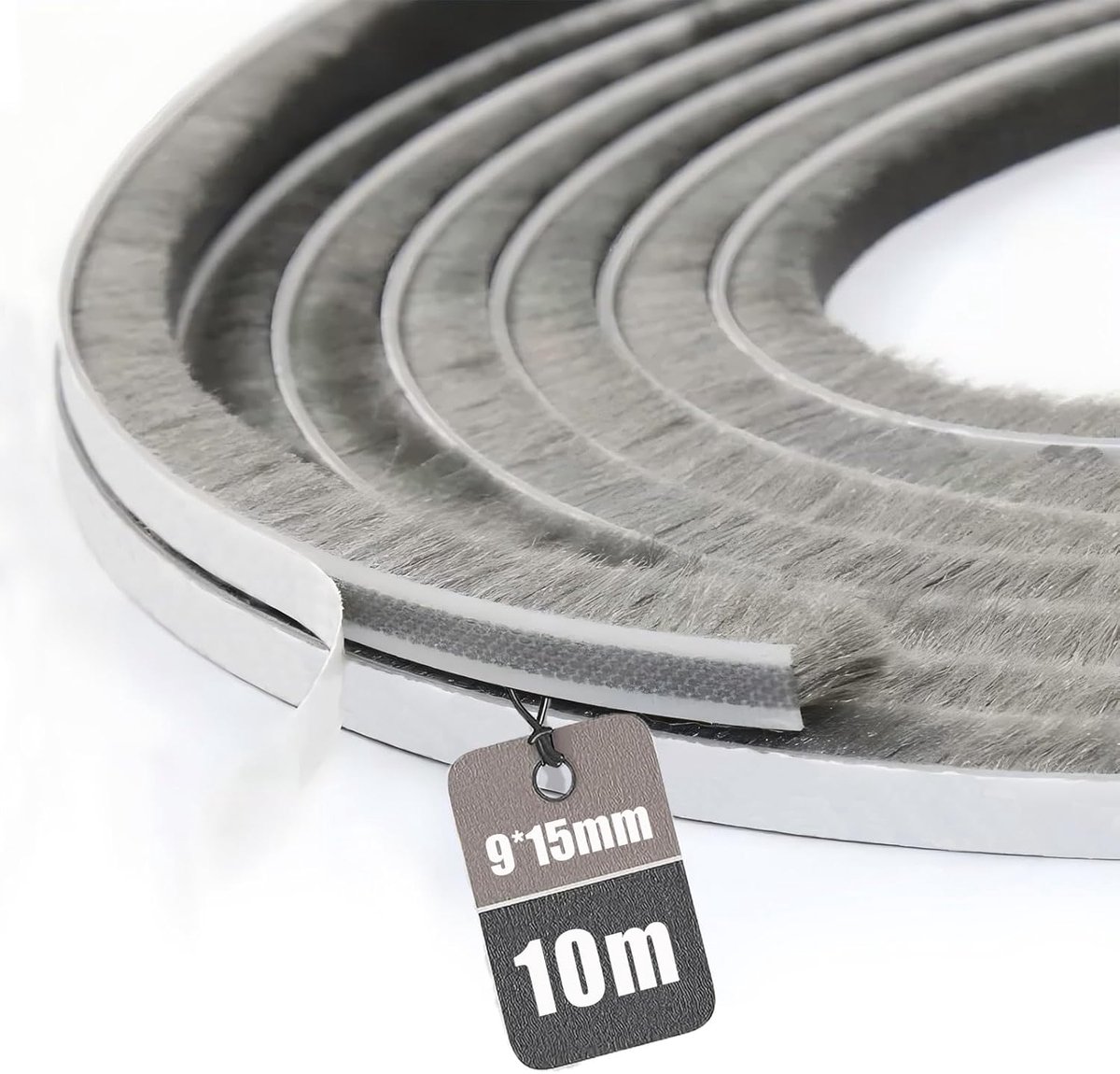 SnelShoppen - Adhesive Brush Seal 10m x 9mm x 15mm - Dichtingsstrip voor Deuren, Ramen en Gordijnen - Beschermt Tegen Koude Wind, Geluid en Stof - Gri
