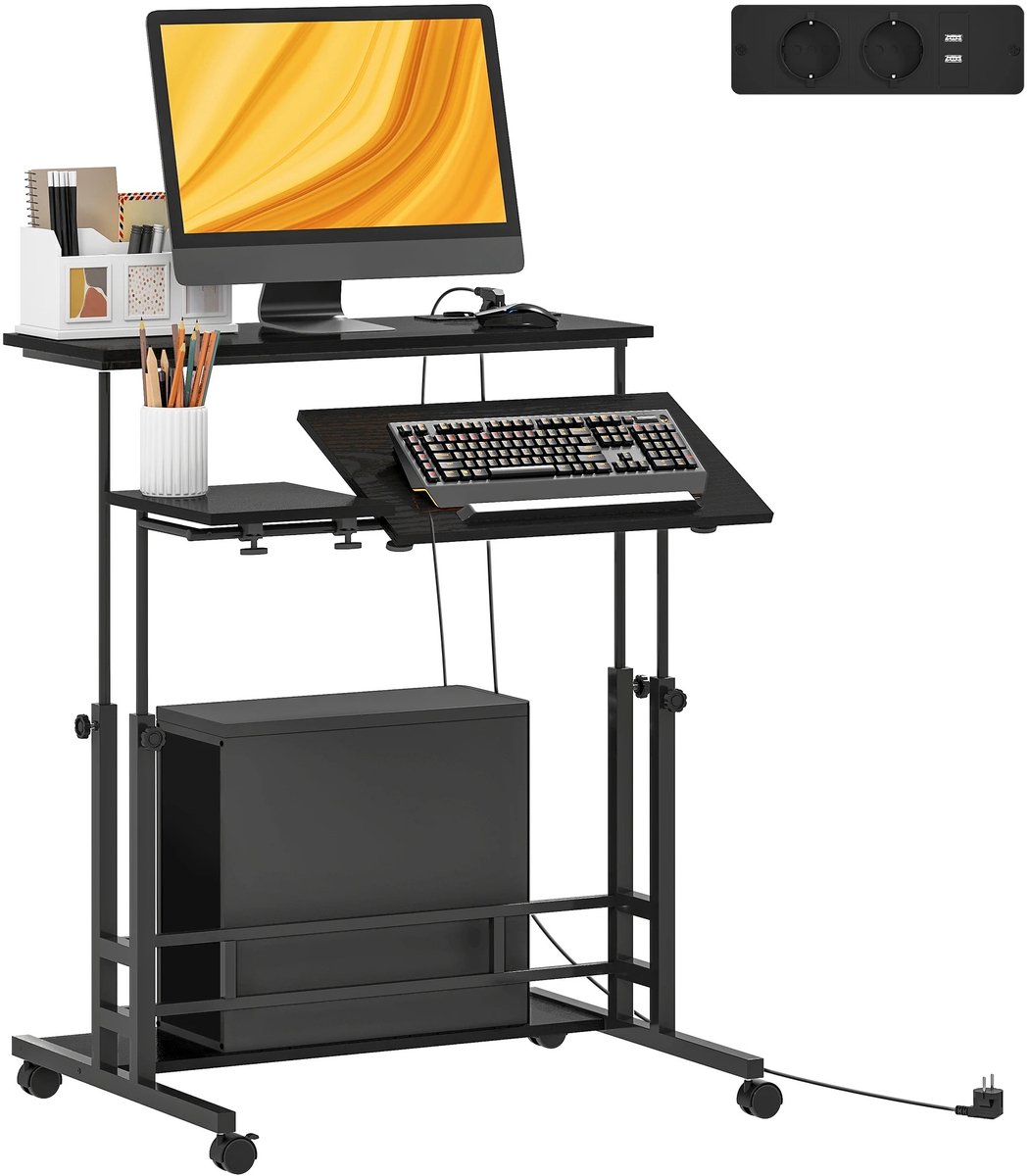 Atlasyx bureau - Bureautafel - Werktafel - Computerbureau - Verstelbaar bureau - Met remmen - 3 Werkoppervlak - 80 x 60 cm - Zwart