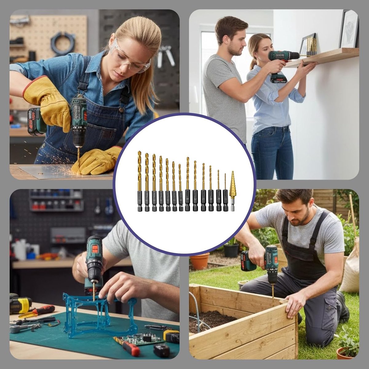 SnelShoppen - 14-delige Titanium Boor Set, HSS met 6.35 mm Hex Schacht, Snelle Verandering Metaal Boor 1.5–6.5 mm, Inclusief Trapboor 3–12 mm voor Met
