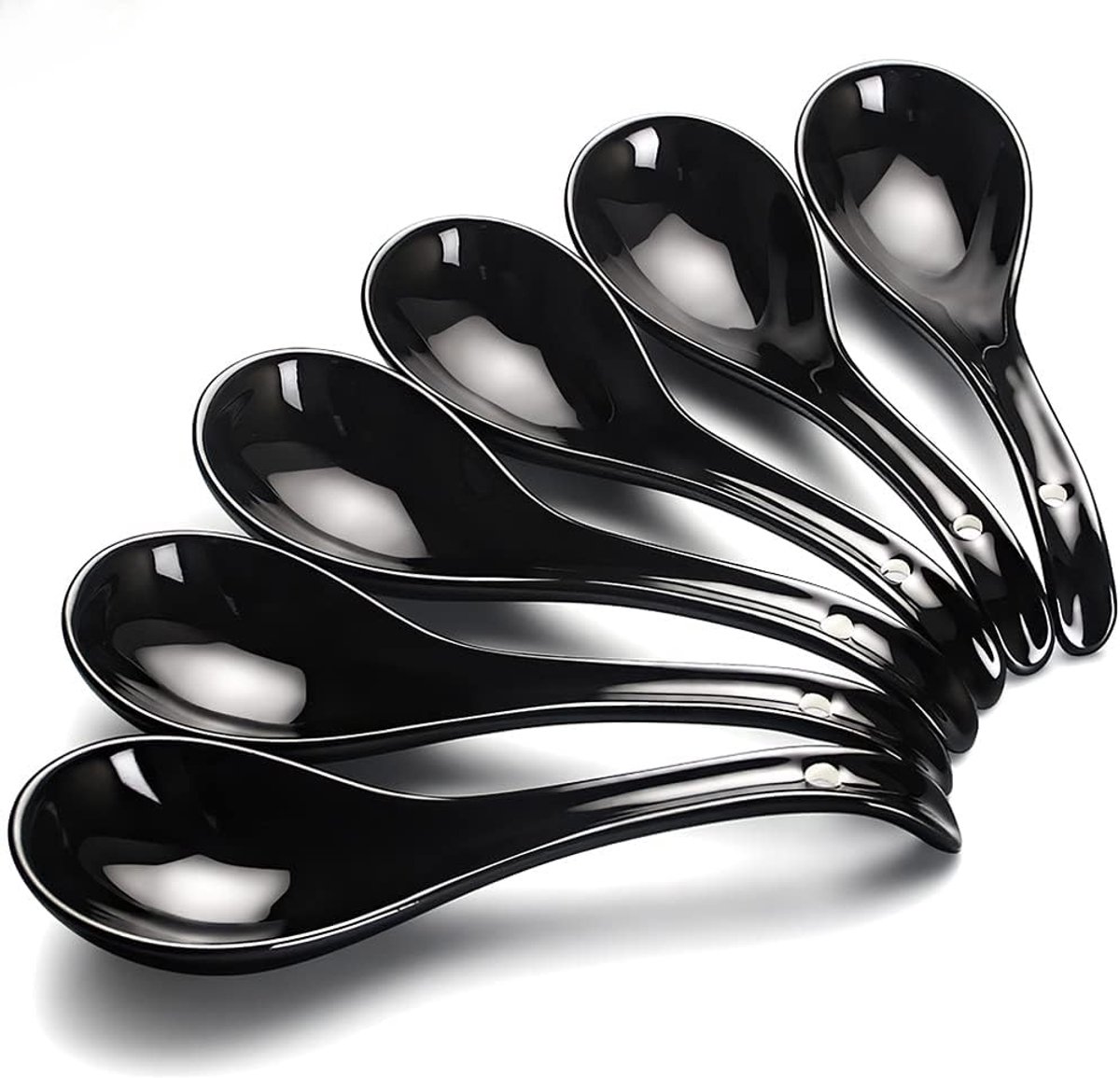 SnelShoppen - Set van 6 Aziatische Soepscheppen - 17cm Keramische Chinese en Japanse Lepels voor Ramen, Pho, Wontons, Dumplings, Stews - Zwart Porsele