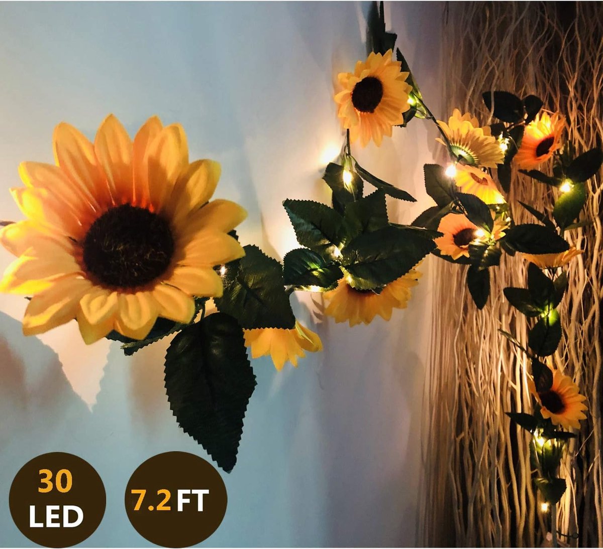 SnelShoppen - 7ft Kunstmatige Zonnebloem String Lights met 30 LED's - Batterij Aangedreven Feestverlichting voor Tuin, Bruiloft, Verjaardag en Slaapka